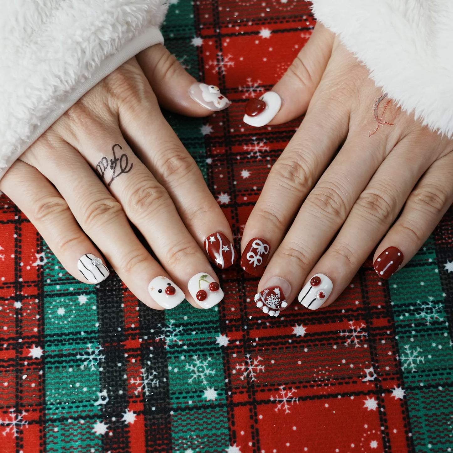 Tesytto Handmade Press on Nails Short Oval - Cute 3D Cherry Design, Red & White Kawaii Multi-Layer Gel False Nails, Salon Quality Reusable Nails (Cute Snowman,S)