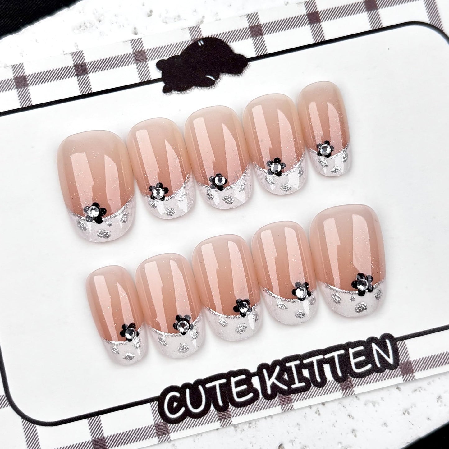 24Pcs French Tip Press On Nails Short Almond Fake Nails Nude Pink with Black Flowers & Silver Rhinestones Glossy Acrylic False Nails with Glitter Edge,Full Cover Stick On Nails for Women DIY Manicure