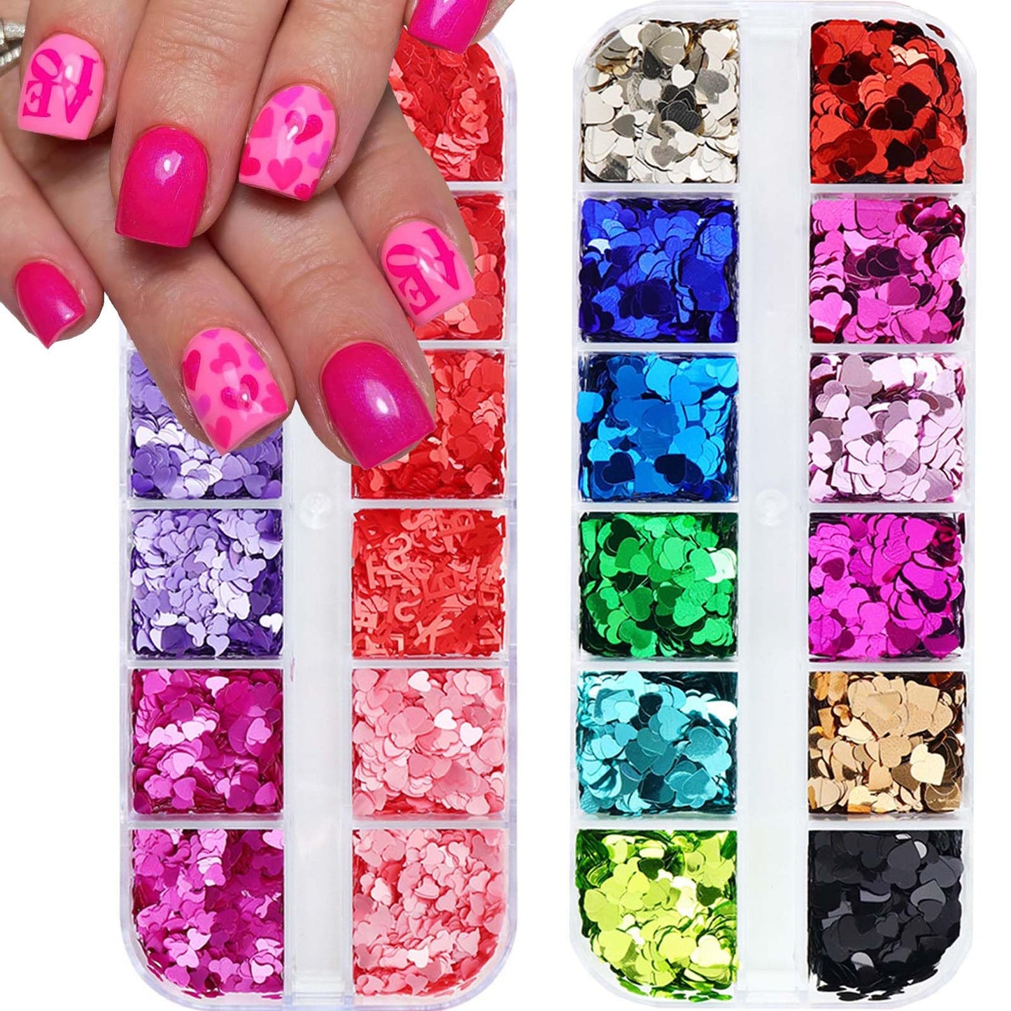 2Box Heart Nail Stickers Glitter Decal Valentine’s Day Nail Glitter Sequins 3D Holographic Laser Nail Sequins Colorful Nail Glitter Flakes Love Nail Sequins Design for Women Acrylic Nails Accessories