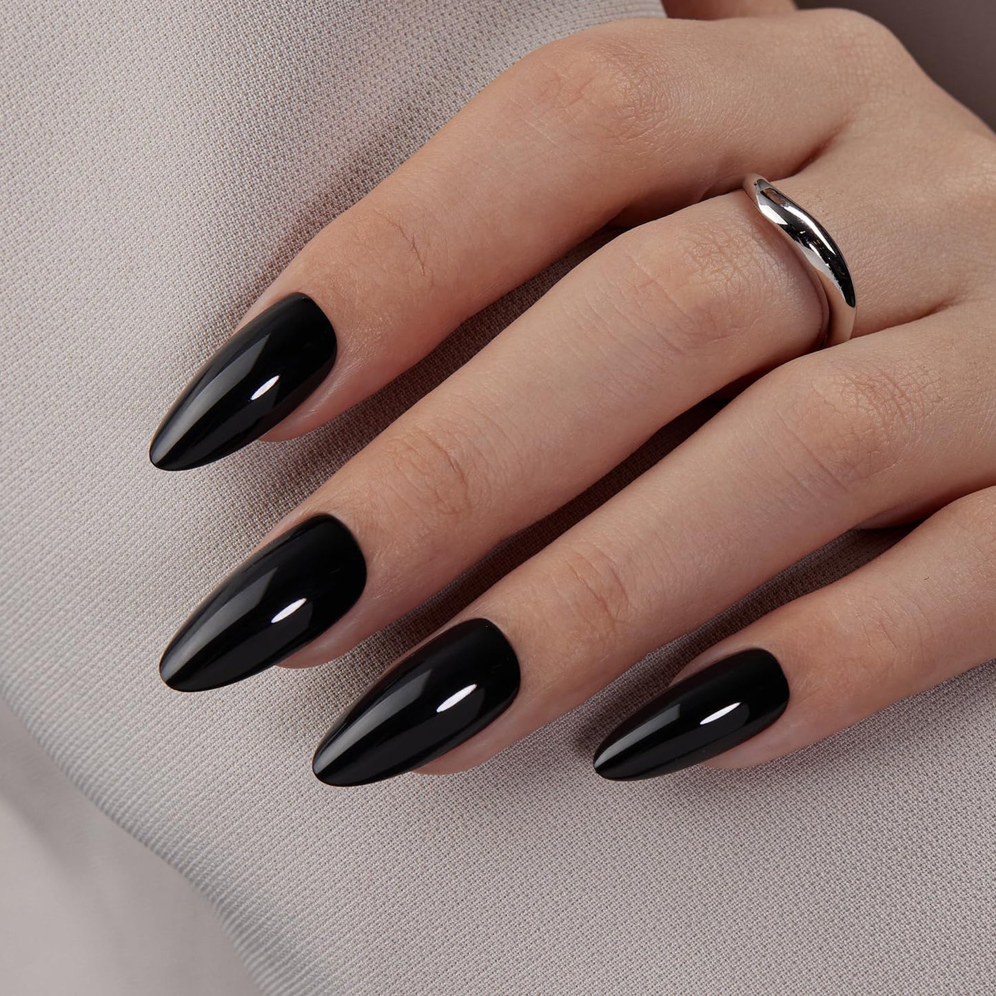 VSALON Almond Press-On Nails - Black Cream Medium Nails & Blue Chrome Cat Eye Nails - 2 Reusable Nail Set (Nourishment & Mini pack)-16 Sizes