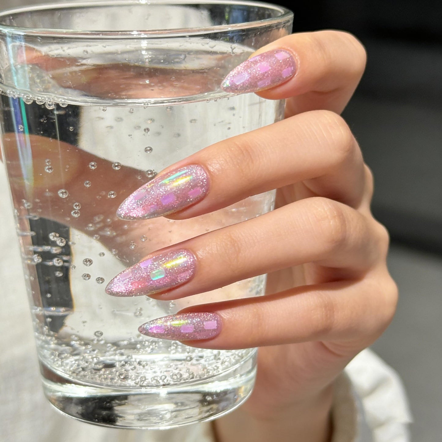 Handmade Press On Nails, Almond Shape Pink Glitter Holographic Checkerboard Fake Nails, Reusable False Nails with Gel Tabs for Women Girls, DIY Manicure for Party Daily Wear M Size