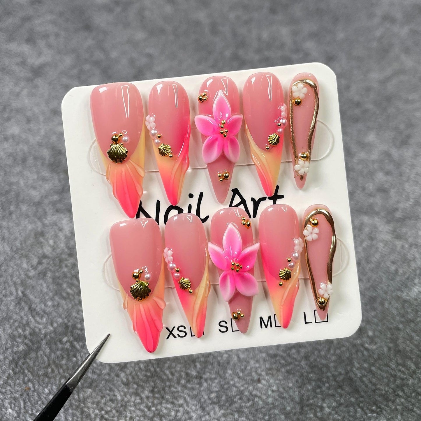 Vseegrs Pink Handmade Press on NailsStiletto Long Artificial False Nails with Designs Gold Embossed SeashellAcrylic Nail Press ons Pearl Press on Nail Kit for Women 10pcs (L)