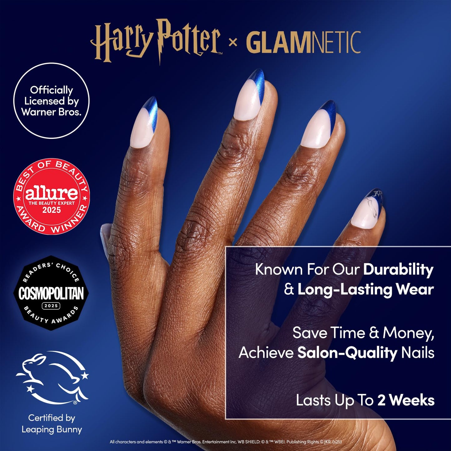Harry Potter™ x Glamnetic Press On Nails - Ravenclaw™ | Blue French Tip Eagle Graphic Short Almond Fake Nails in a Chrome & Glossy Finish | 15 Sizes - 30 Nail Kit with Glue