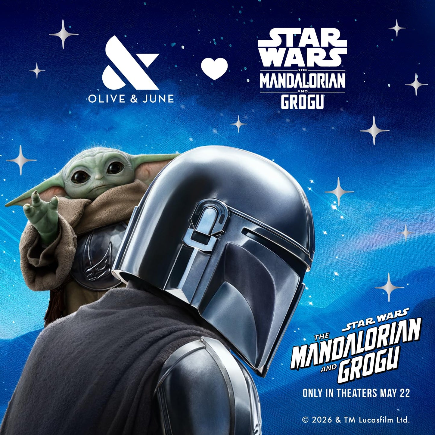 Olive & June Instant Mani Press-On Nails (Glue) | Star Wars: The Mandalorian & Grogu | 42 Fake Nails, 21 Sizes | Non-Toxic, Long-Lasting Up to 14 Days | Short, Round | Blue Celestial Chrome