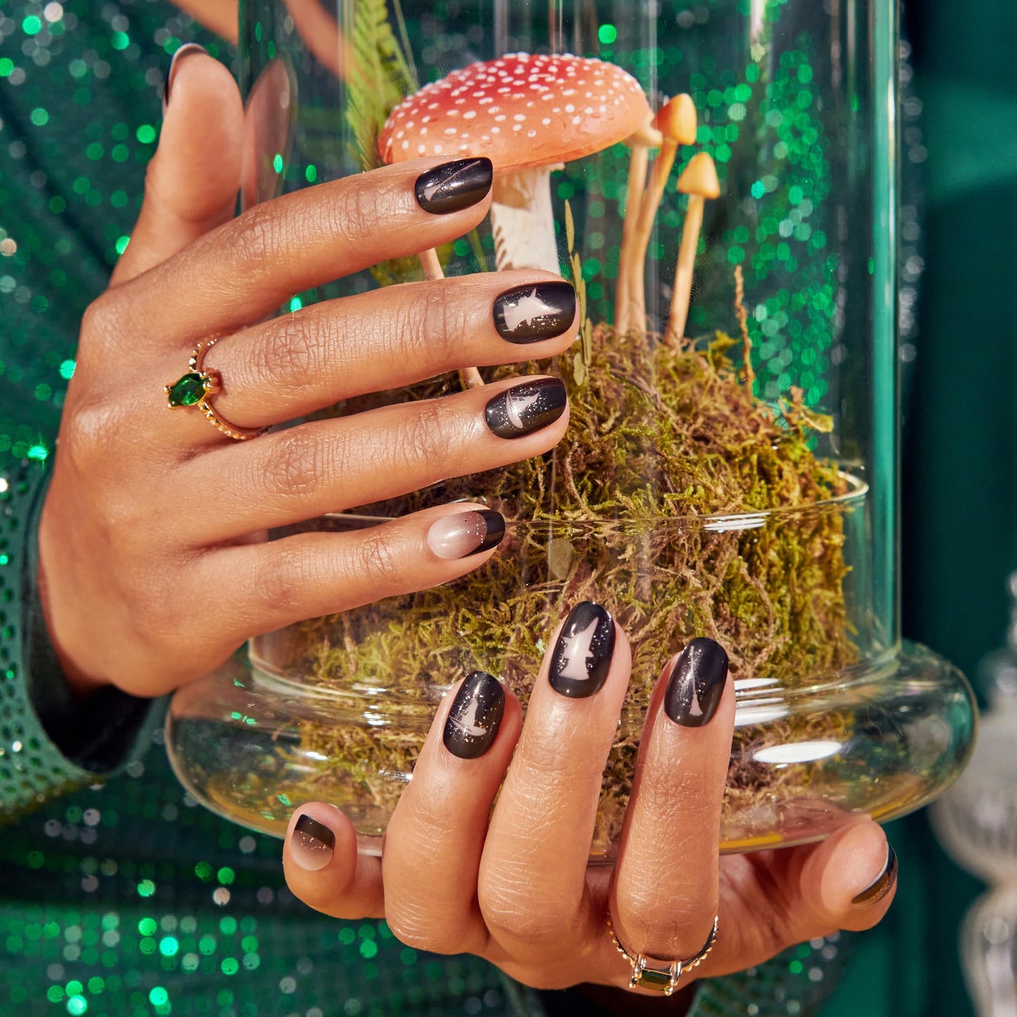 KISS X WICKED: FOR GOOD Press On Nails, ‘Own Your Power’, Black, Short Oval, Waterproof, Chip Proof, Smudge Proof, 28 Fake Nails, Pink Gel Nail Glue (2g), Mini Nail File, & Manicure Stick