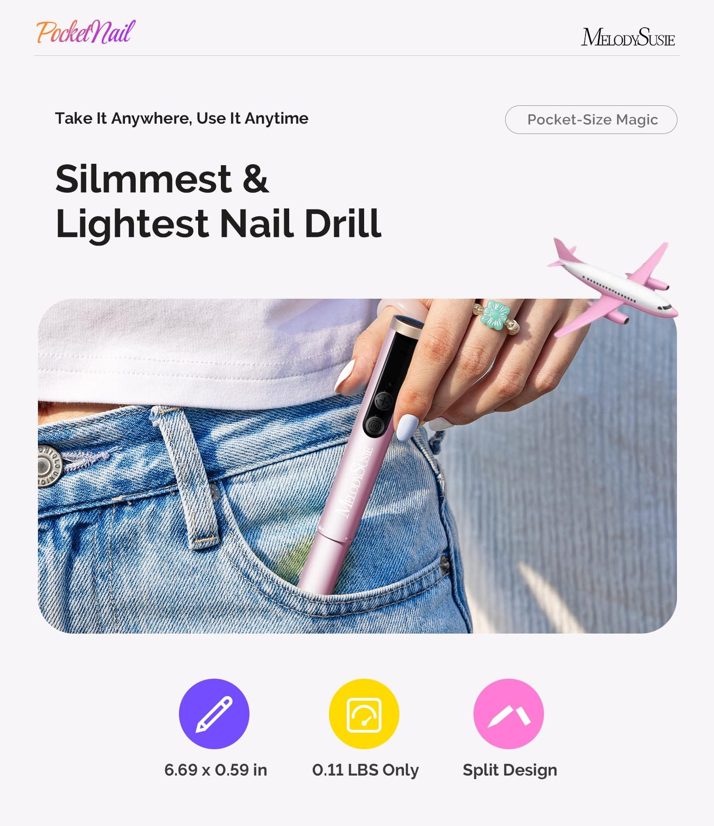 MelodySusie PocketNail Pen-Shaped Cordless Modular Nail Drill, PC100GR 20000RPM Slim Portable Rechargeable Electric File for Manicure Pedicure Nail Care, Shaping & Gel Removal at Home for Beginners