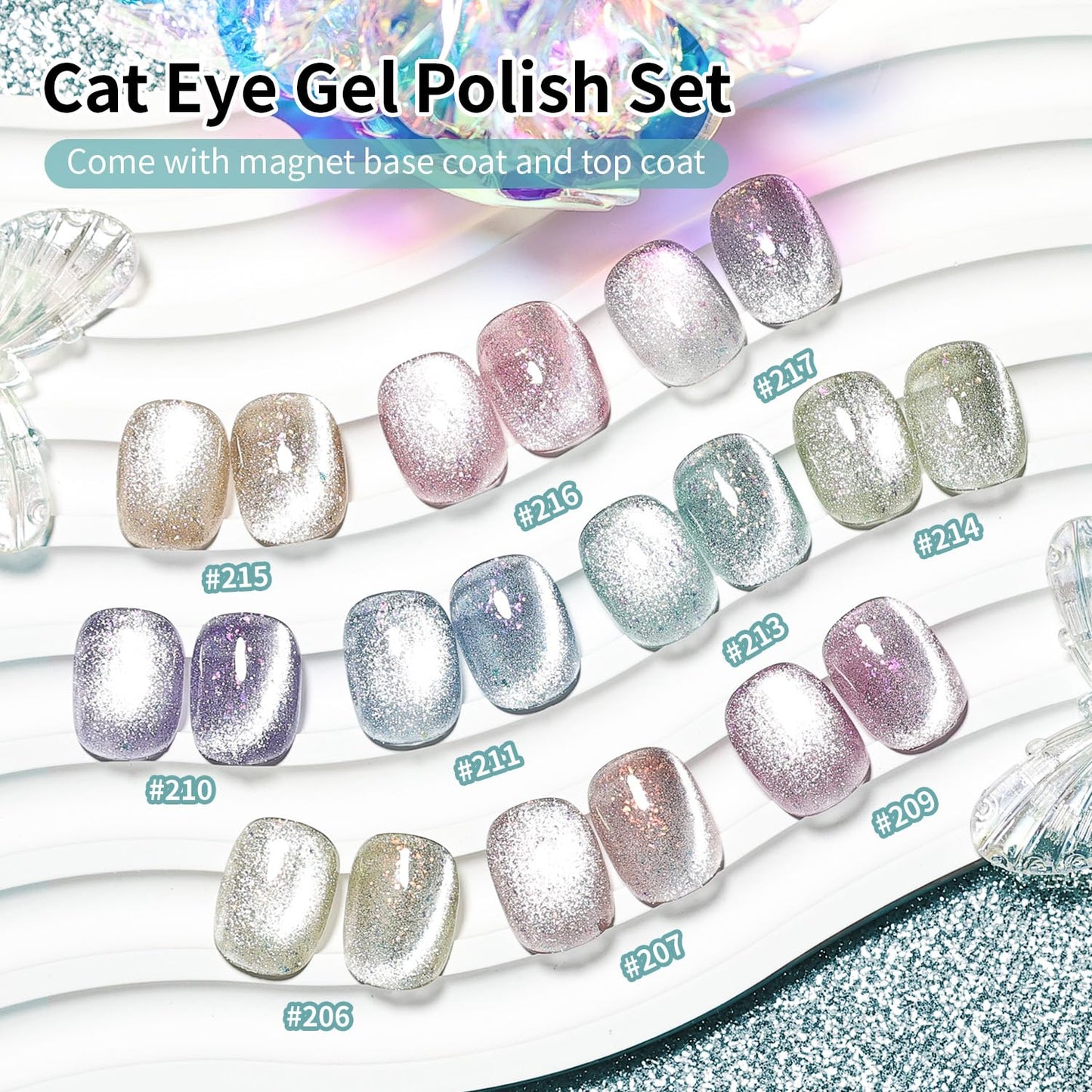JODSONE 10 Colors Gel Nail Polish Set with Base Coat and Top Coat Magnetic Stick Aurora Crystals Cat Eye Perfect Holiday Gifts for Manicure and Lovers
