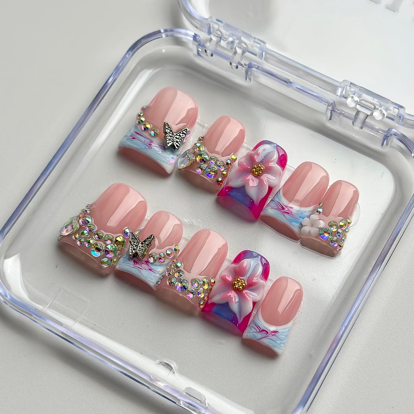 Luxury Press on Nails Short Duck Handmade 3D Unique Reusable ABS Material Fake Nails French Tip False Nails with Designs Flower Butterfly Blue Pink Glossy Glue on Nail Thick Acrylic Nail(S)