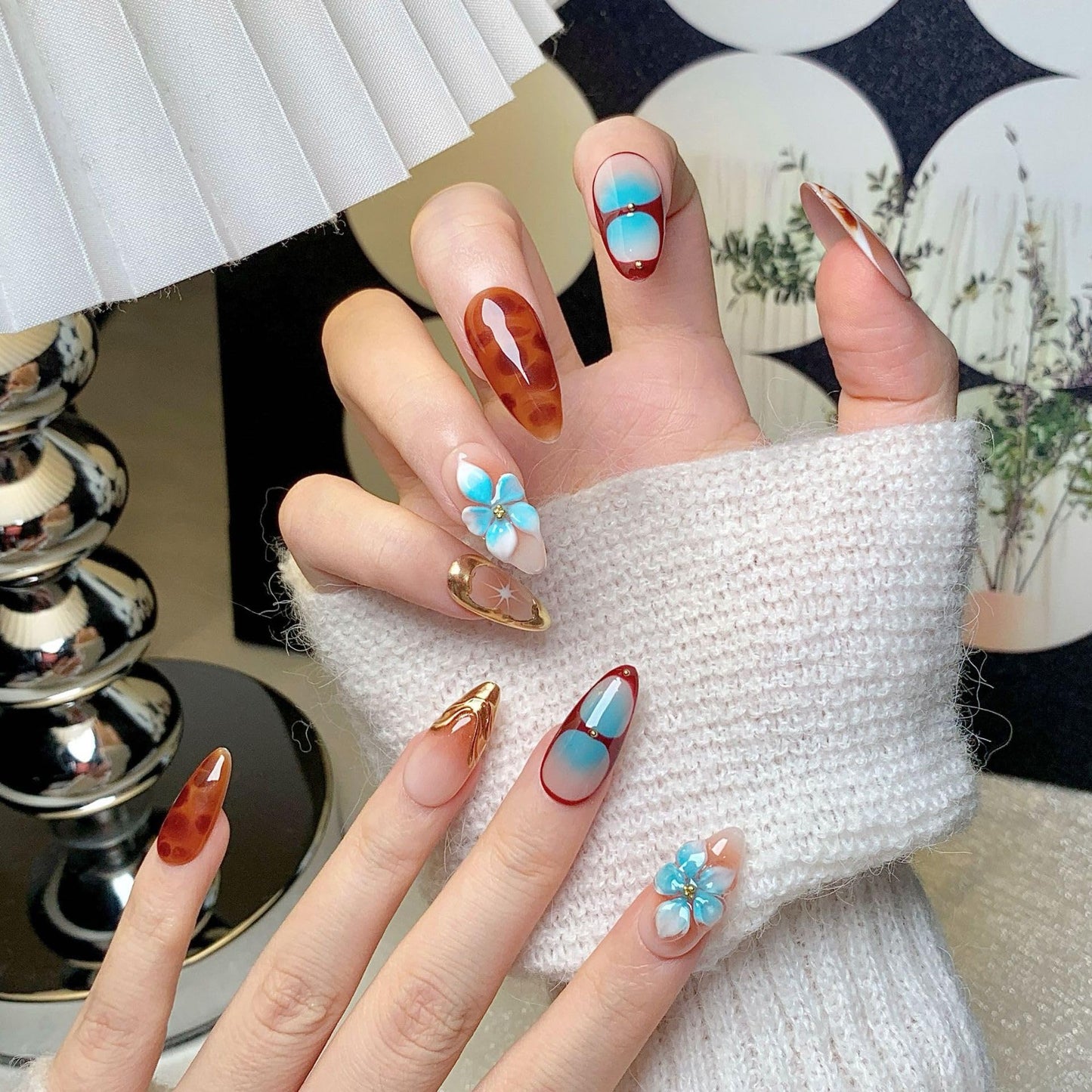 Medium Press on Nails Almond - Handmade Fake Nails with Flower Gold Line Deisgn - Ombre Brown False Nails Fall Nails Press ons for Women - (Size M)