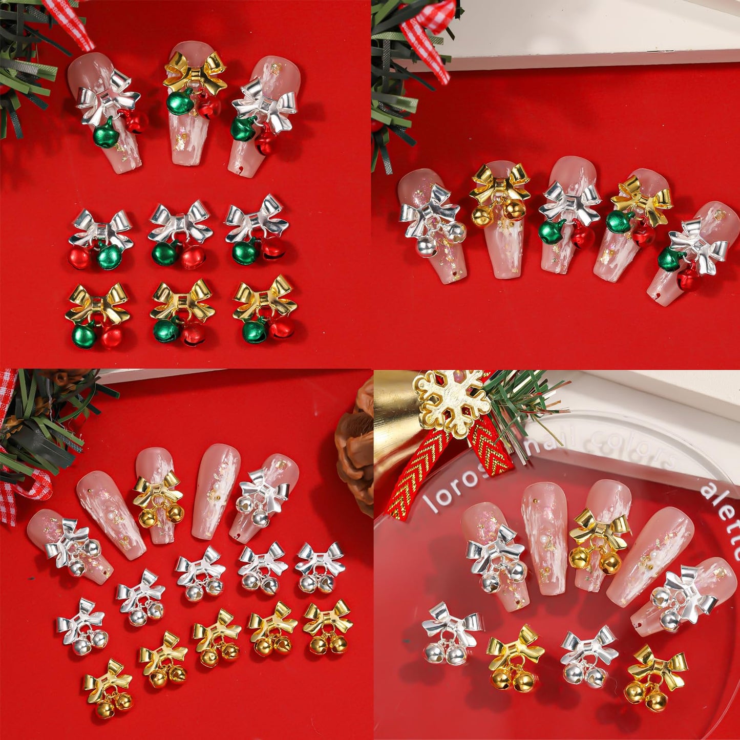 40Pcs Christmas Bell Nail Charms Gold Silver Bell Xmas Nail Charms for Acrylic Nails Red Green Alloy Bell Nail Gems and Charms Nail Jewelry for Women DIY Manicure Accessories