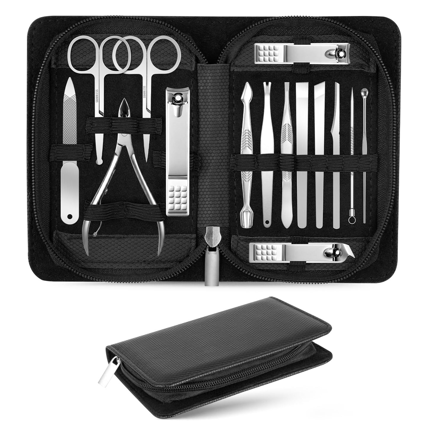 TEPRETER Manicure Set Professional Nail Clipper Kit-15 Pieces Stainless Steel Pedicure kit, Nail Care Tools with Luxurious Travel Case Nail Grooming Kit Present for Men Women Boyfriend Parent (Black)