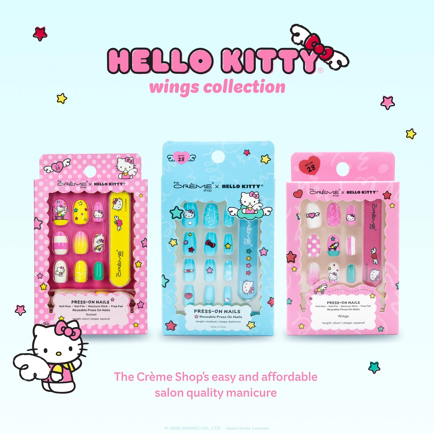 The Crème Shop x Hello Kitty Wings Collection Press On Nails, Short Squoval Shape, 28 Nails Kit with Glue and Tools (Sunset Wing)