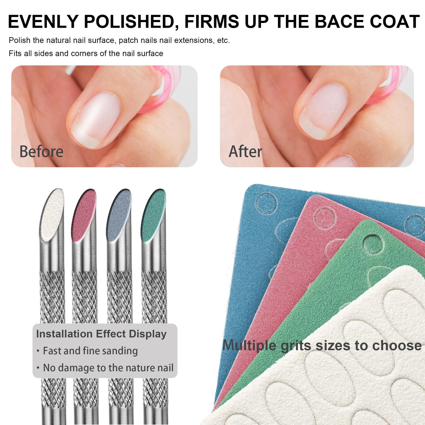 HaimiLiya Pre-treatment Horseshoe Cuticle Pusher and 100/150/180/240 Grit Sandpaper Sheets Nail Brush Set, Nail Care Nail Prep for Manicure Pedicure Nail Art