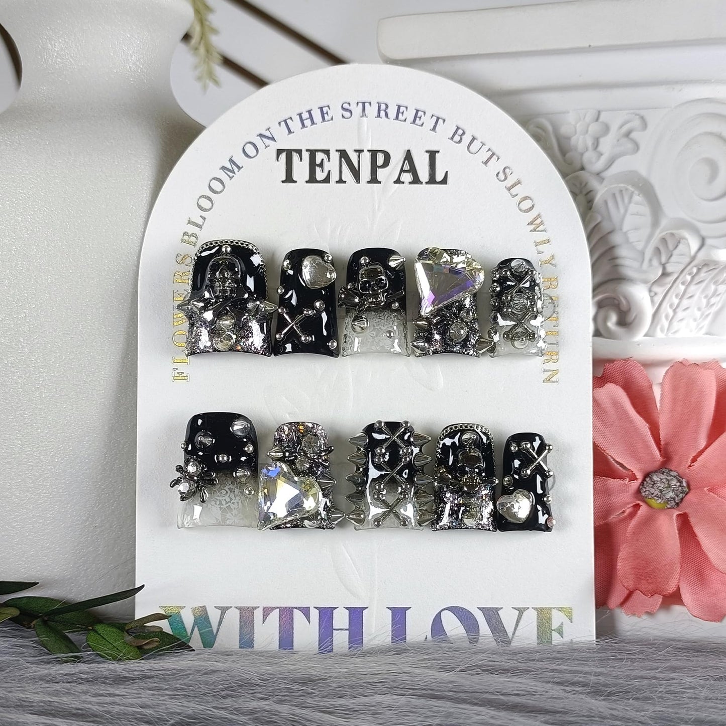 TENPAL 10Pcs Gothic Duck Nails Handmade Thick Press on Nails with Clip,Punk Studs Crystal Skull Short Duck Fake Nail Tips,Glossy Black Duckbill for Halloween Party,Reusable Dark Glam Glue on Nails(L)