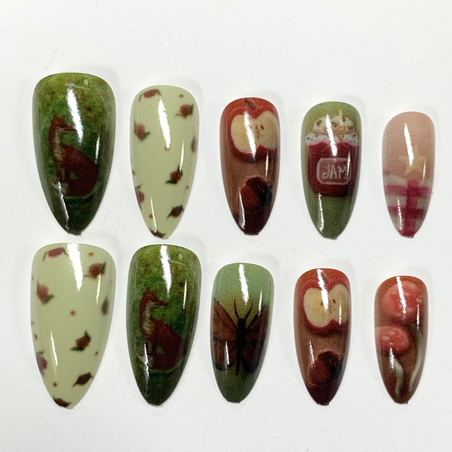BABALAL Press On Nails, Medium Almond Fake Nails, Forest With Mushroom Apple & Butterfly, Colorful Anime Y2k Glue On Nails For Women And Girls 24Pcs