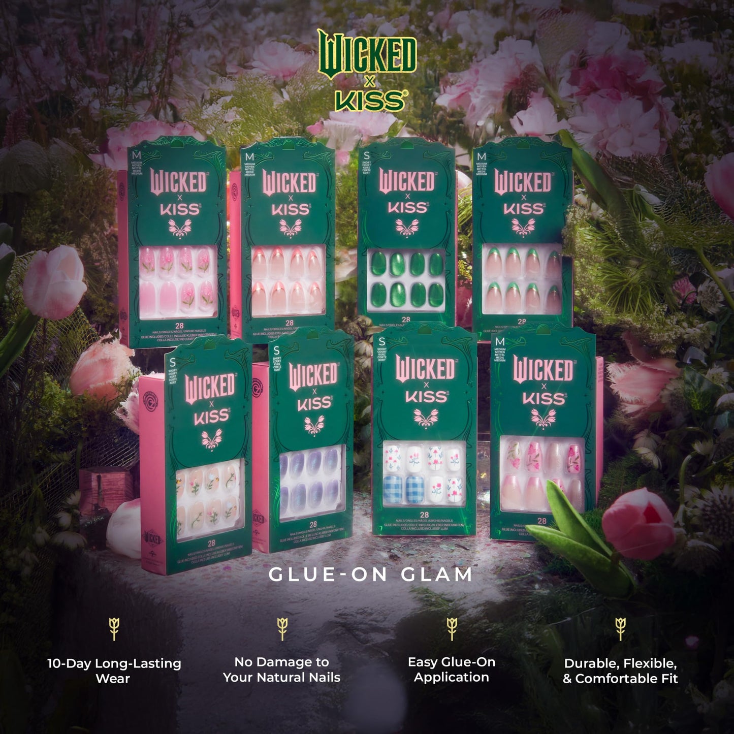 WICKED X KISS Press On Nails, ‘Ozdust’, Light Purple, Short Oval, Waterproof, Chip Proof, Smudge Proof, 28 Fake Nails, Pink Gel Nail Glue (2g), Mini Nail File, & Manicure Stick