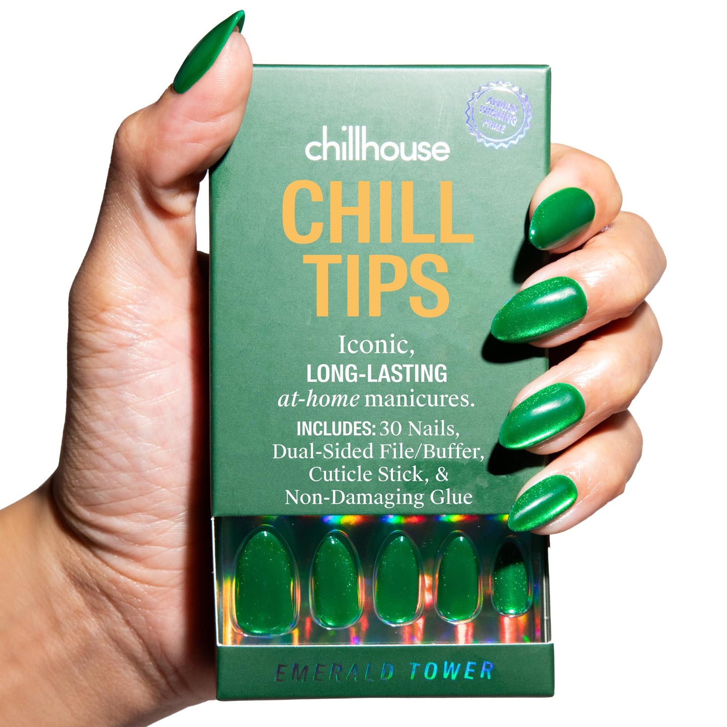 Chillhouse - Chill Tips, Press on Nails Kit - Emerald Tower (Almond) - 30 Nail Shapes & Sizes - Up to 2 Weeks of Wear - Customizable Fit - Reusable - Latina Founded & Women Owned - Beauty & Self Care