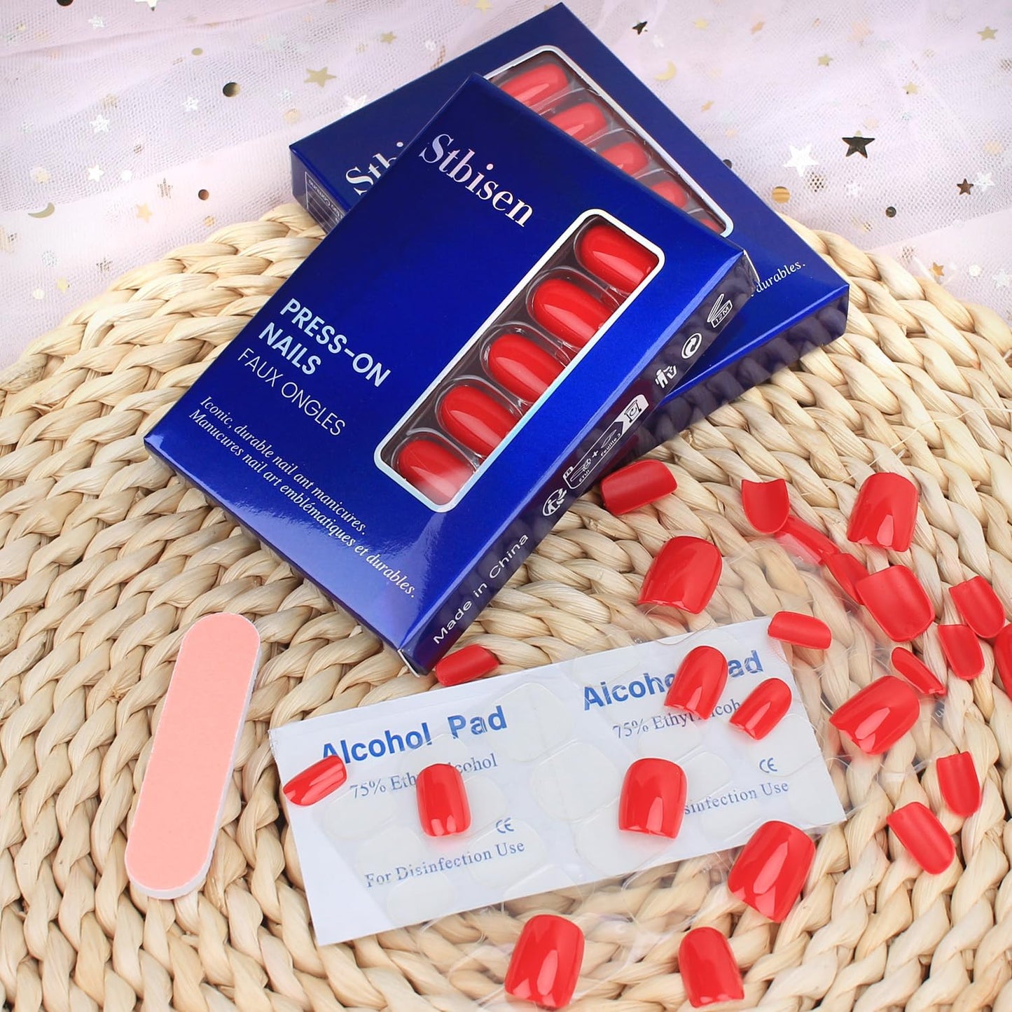 Mivota Press on Nails Short Square, True Red Fake Nails Kit, Fashion Glossy Acrylic Press On Nails, Natural Stick on Nails, Thick Reusable Glue on Nails Short Fake Nails for Women, 30Pcs