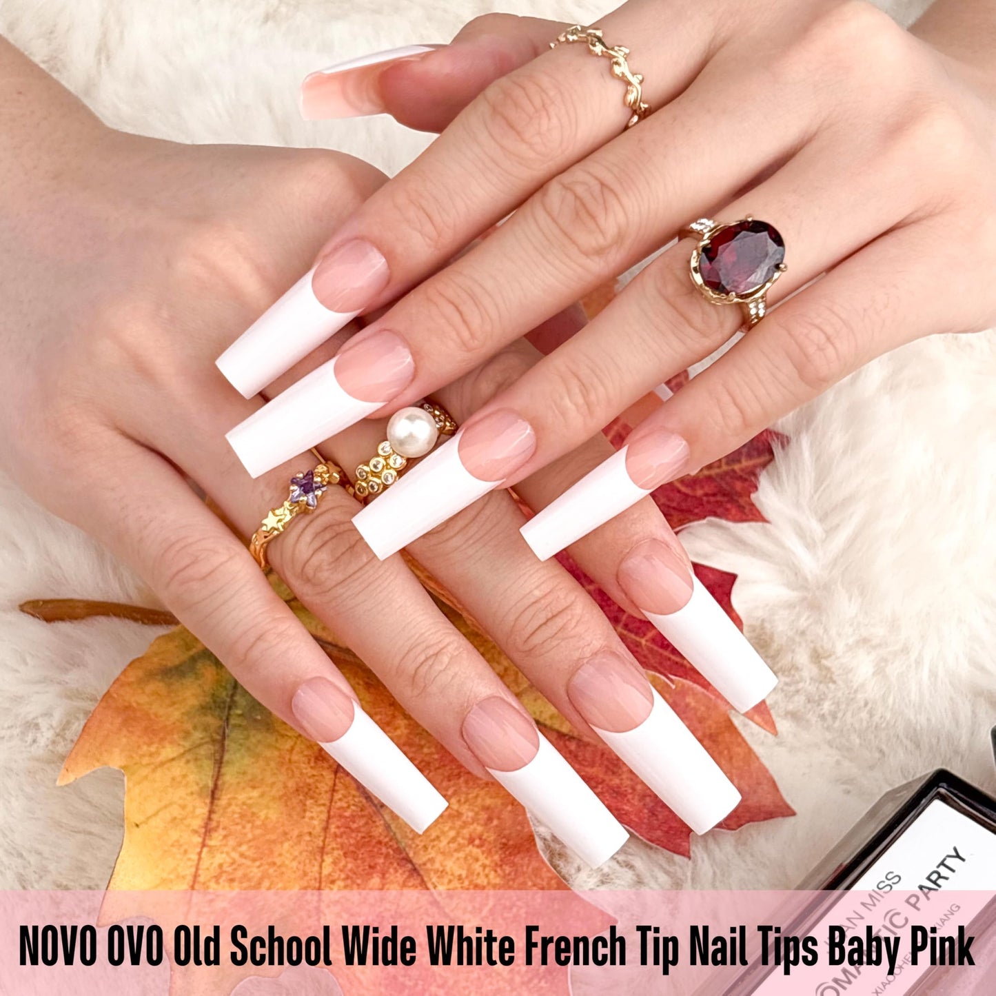 NOVO OVO Old School Wide White French Tip Nail Tips Press on, Long Tapered Square BABY PINK, Extra Thick Soft Gel Fake Acrylic Extension, Need Builder Gel Top Coat & Glue, 15 Sizes 240 pcs