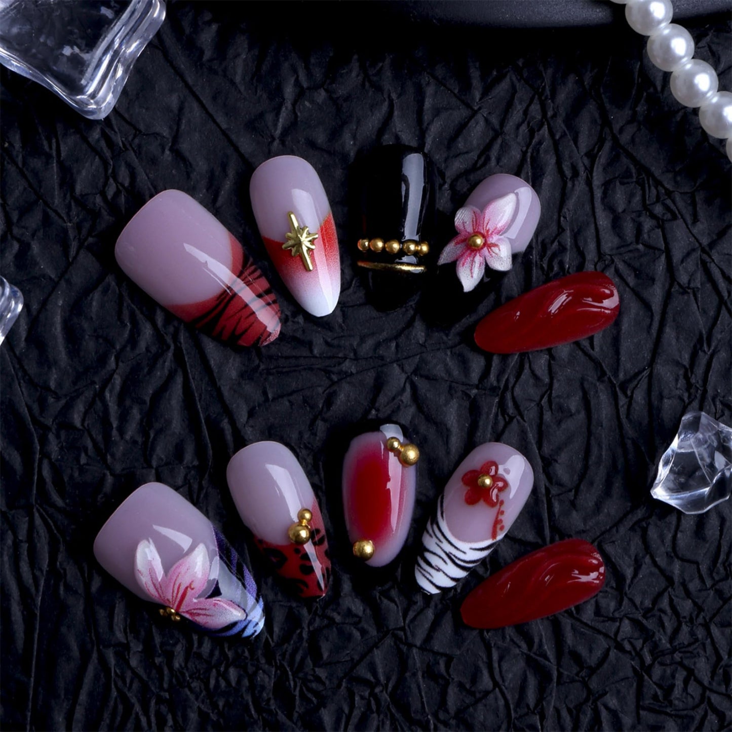 SEENEEY Almond Press on Nails Long Fake Nails Red Artificial Nail Black French Pink Floral and Gold Charm Designs Cute Stick on Nail for Women 24pcs