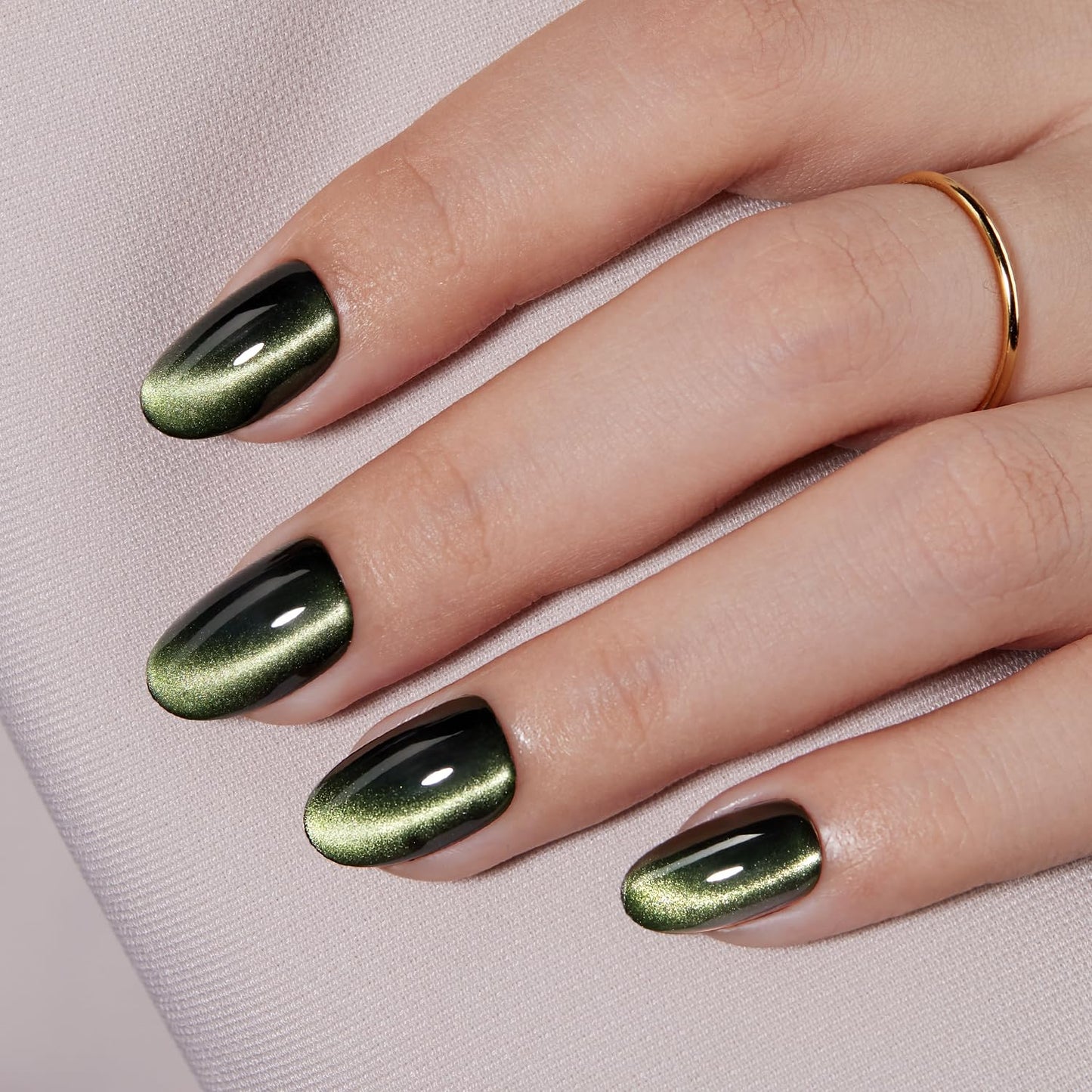 VSALON Press on Nails Short Oval - Dark Green Cat Eye Holographic Glitter Spring Fake Nails, Reusable Opaque Gel Glue on Nails with Glue & Cuticle Oil - 32 PCS Stick on Nails in 16