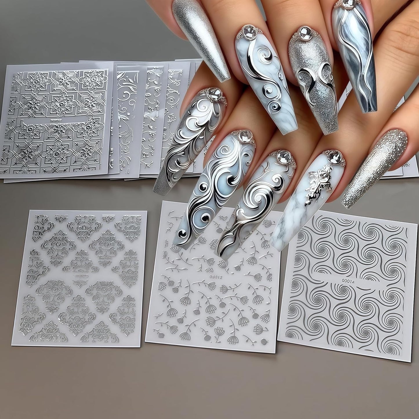 30 Sheet Silver lace Nail Stickers for Flower Nail Art 3D Self-Adhesive Nail Decals Silver Hollow Retro Floral Vine Nail Art Stickers Design lace Flower Nail Supplies for Women Manicure Decorations