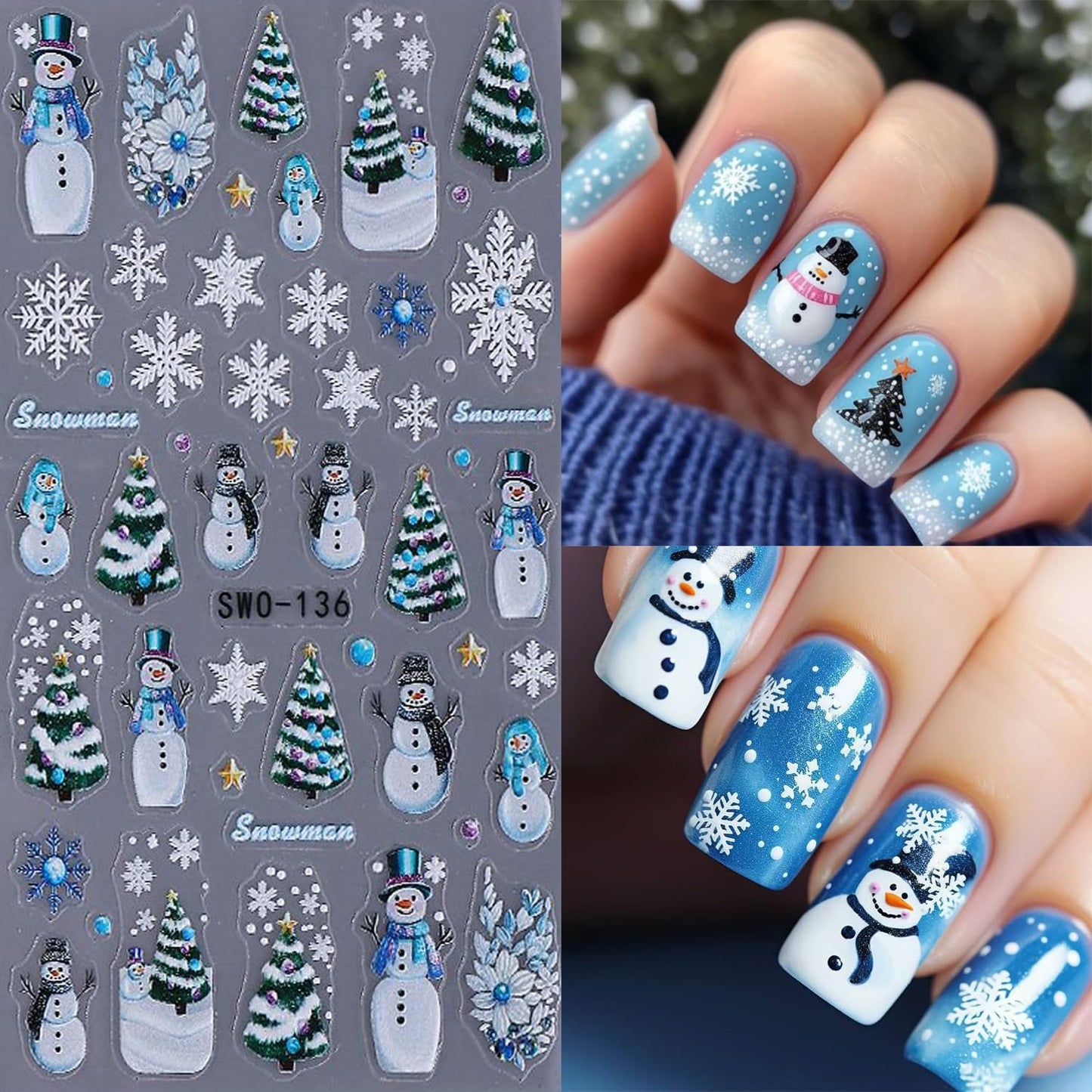 5 Sheets Christmas Nail Art Stickers 3D Self -Adhesive Santa Claus Snowflake Nail Decals Holographic Cute Snowman Nail Stickers Winter Christmas Trees Nail Staickers Decoration for Women DIY Manicure