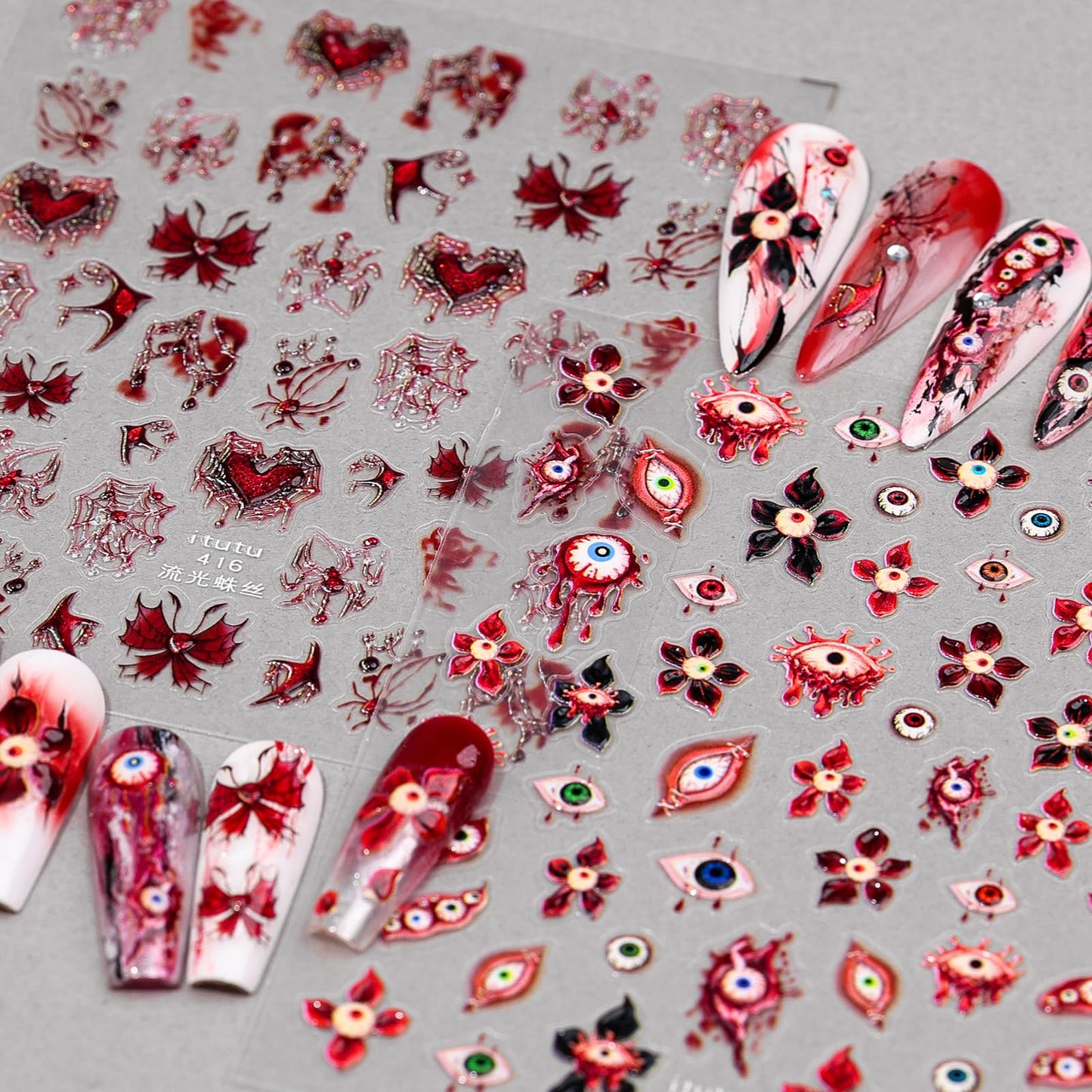 Halloween Nail Stickers for Nail Art 2 Sheet, Red Hibiscus Flowers Evil Eye Nail Decals 5D Embossed Spider Web Bat Design Stickers Halloween Nail Supplies for Women Girls DIY Nail Decorations