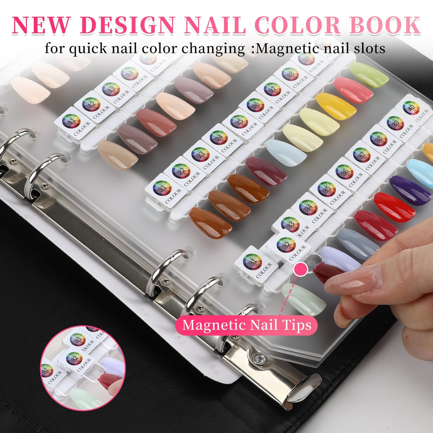 ANGNYA Magnetic Nail Swatch Book,120 PU leather Nail Polish Colors Display Book with 120 Magnetic Tips & 1-150 Number Labels,Perfect for Nail Polish Nails Art Design Nail Art Salon