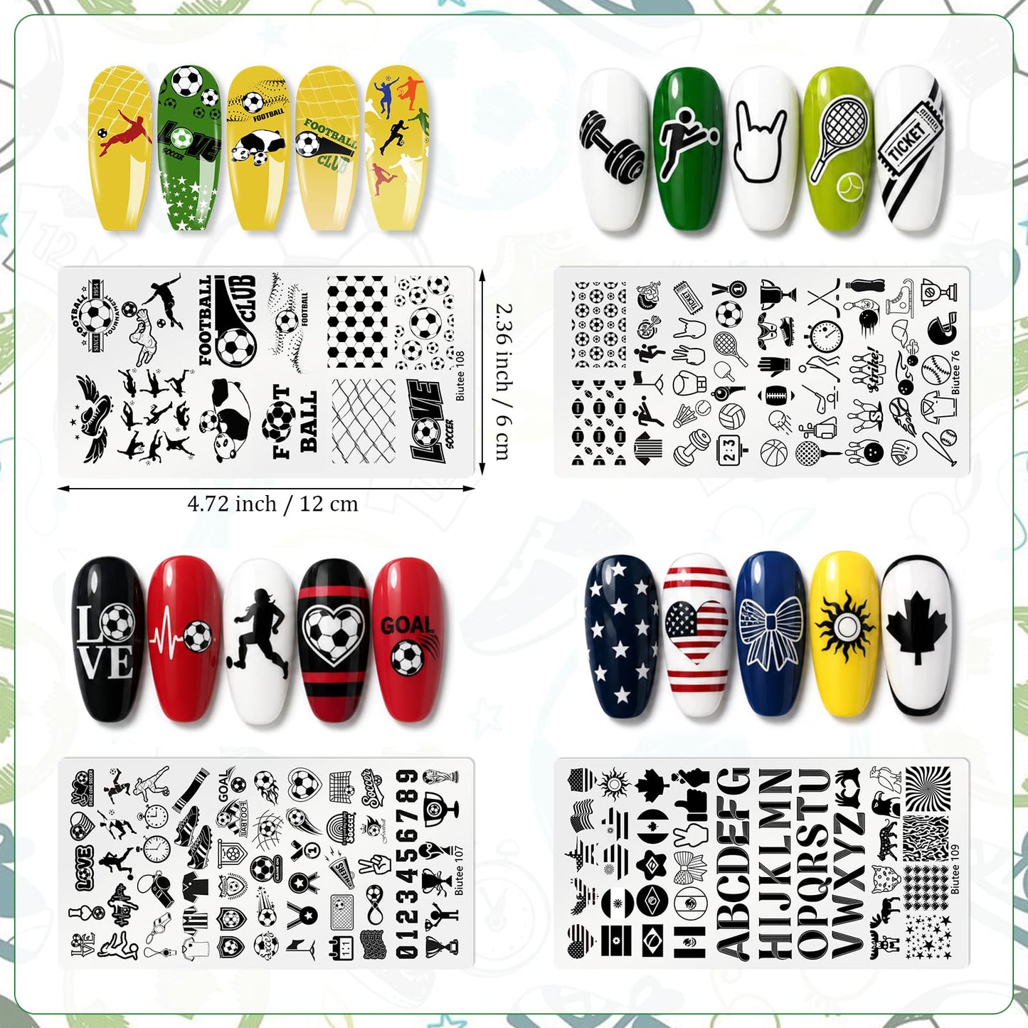 Biutee Nail Stamping Kit with 4 Soccer Nail Stamping Plates, Football Nail Stamp Set with Clear Nail Stamper & Scraper, Nail Art Stamping Plates for DIY Nail Art, Soccer Manicure & Salon Home Design