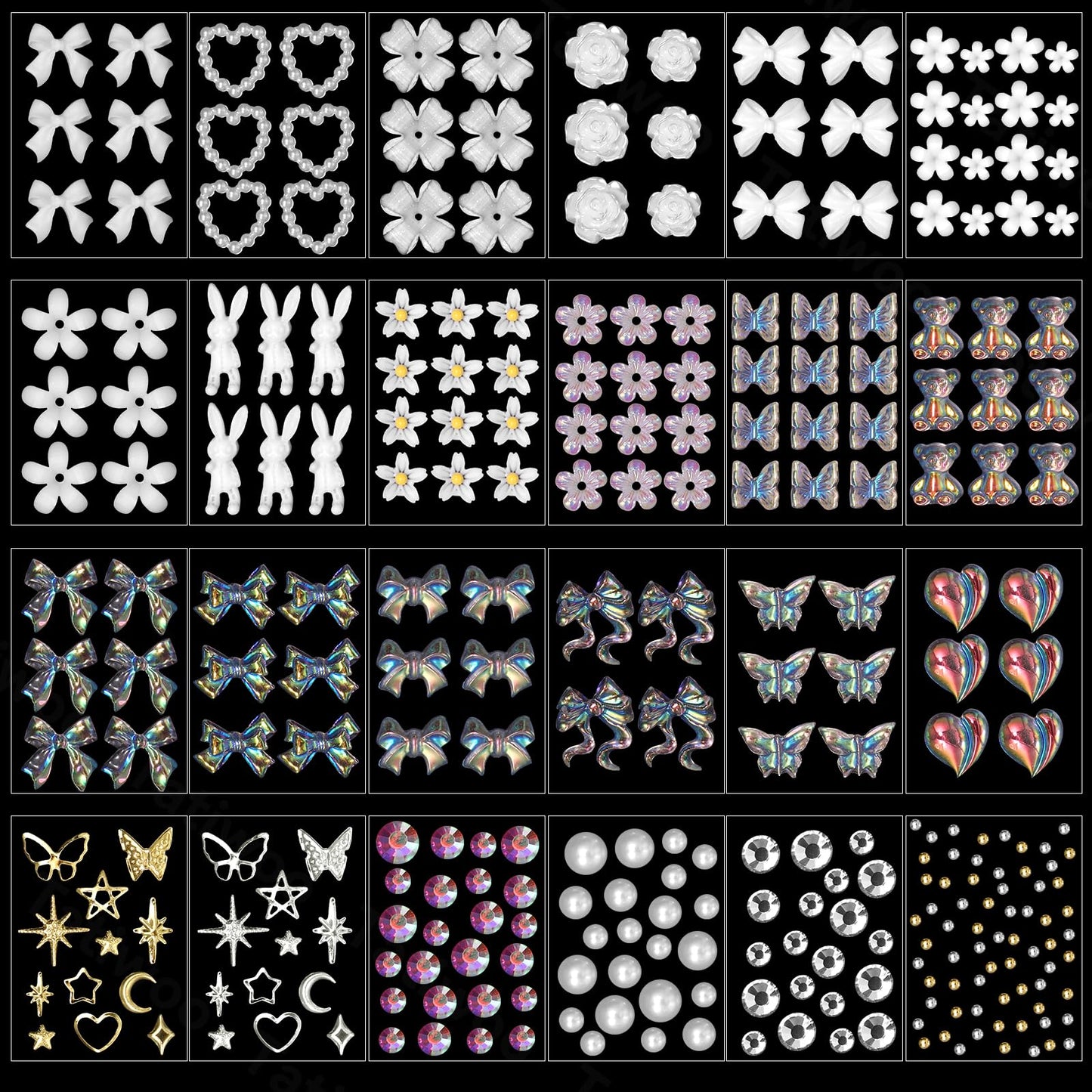 3D Nail Charms Junk Case Charms White Nail Flower Mix Style Butterfly Rose Bow Hollow Pearl Heart Nails Art Charm with Rhinestones Flatback Pearl for Acrylic Nails Art Manicure DIY