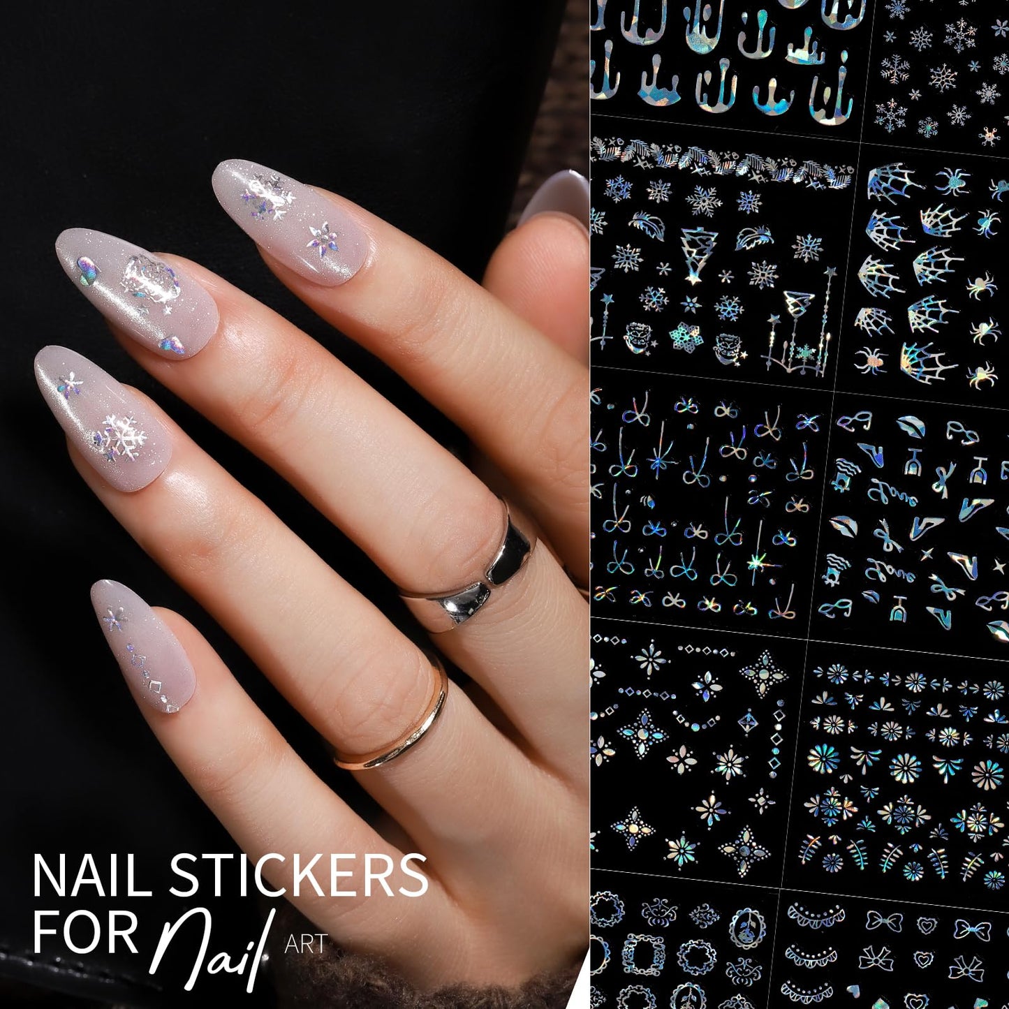 Teenitor 50 Sheets Aurora Nail Stickers for Nail Art, Star Nail Art Stickers for Kids Women, Laser Silver Nail Decals Fingernail Stickers for Holiday, Self-Adhesive Nail Decorations