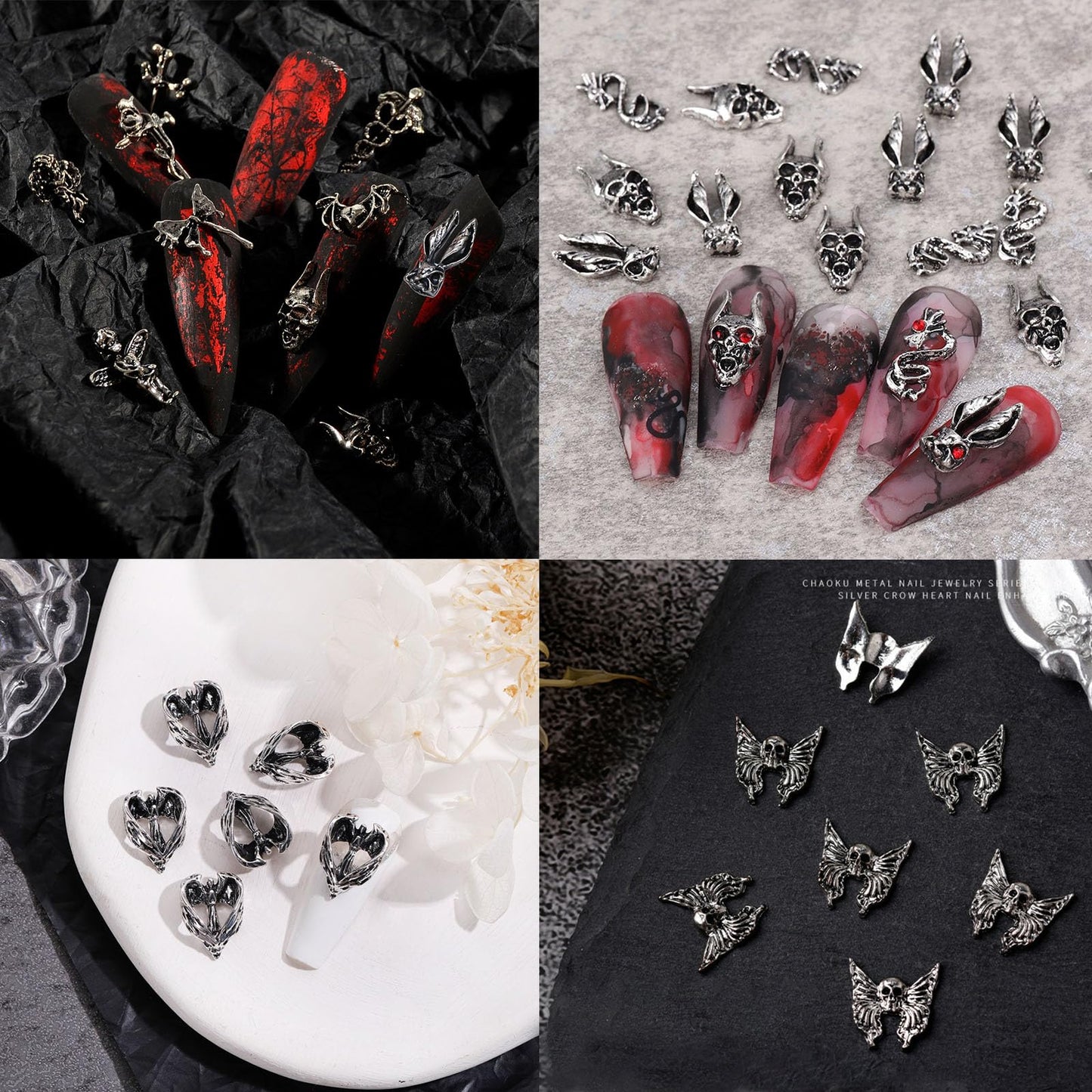 130pcs 3D Silver Goth Nail Charms Y2K Chrome Nails Art & DIY Punk Bracelet Accessories, Vintage Alloy Cross Butterfly Heart Skull Acrylic Charm for Women Nails, Metal Necklace Supplies