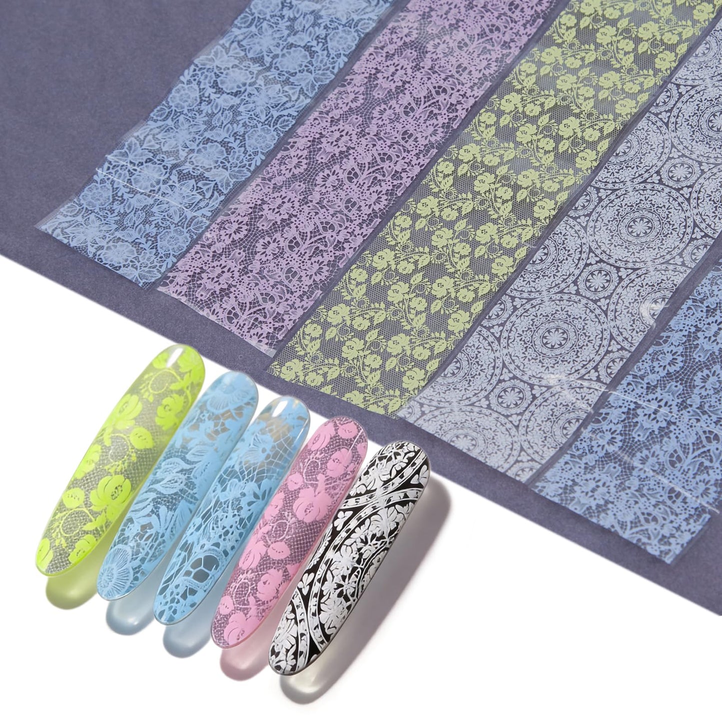 JERCLITY 10 Rolls Purple Blue Yellow White Lace Flower Nail Foil Transfer Stickers Nail Art Wraps