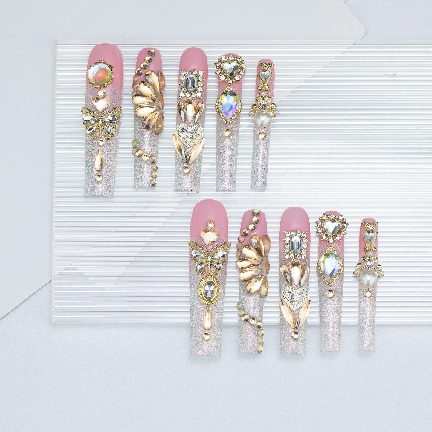 Tmani 10pc/set Extra Long Handmade Press On Nail Hot Girl's Long Ballet Nails Square Nail Full of Diamond Glitter Decoration Fake Nails Suitable For Girls Festival Parties and Birthday Gift(Pink,S)