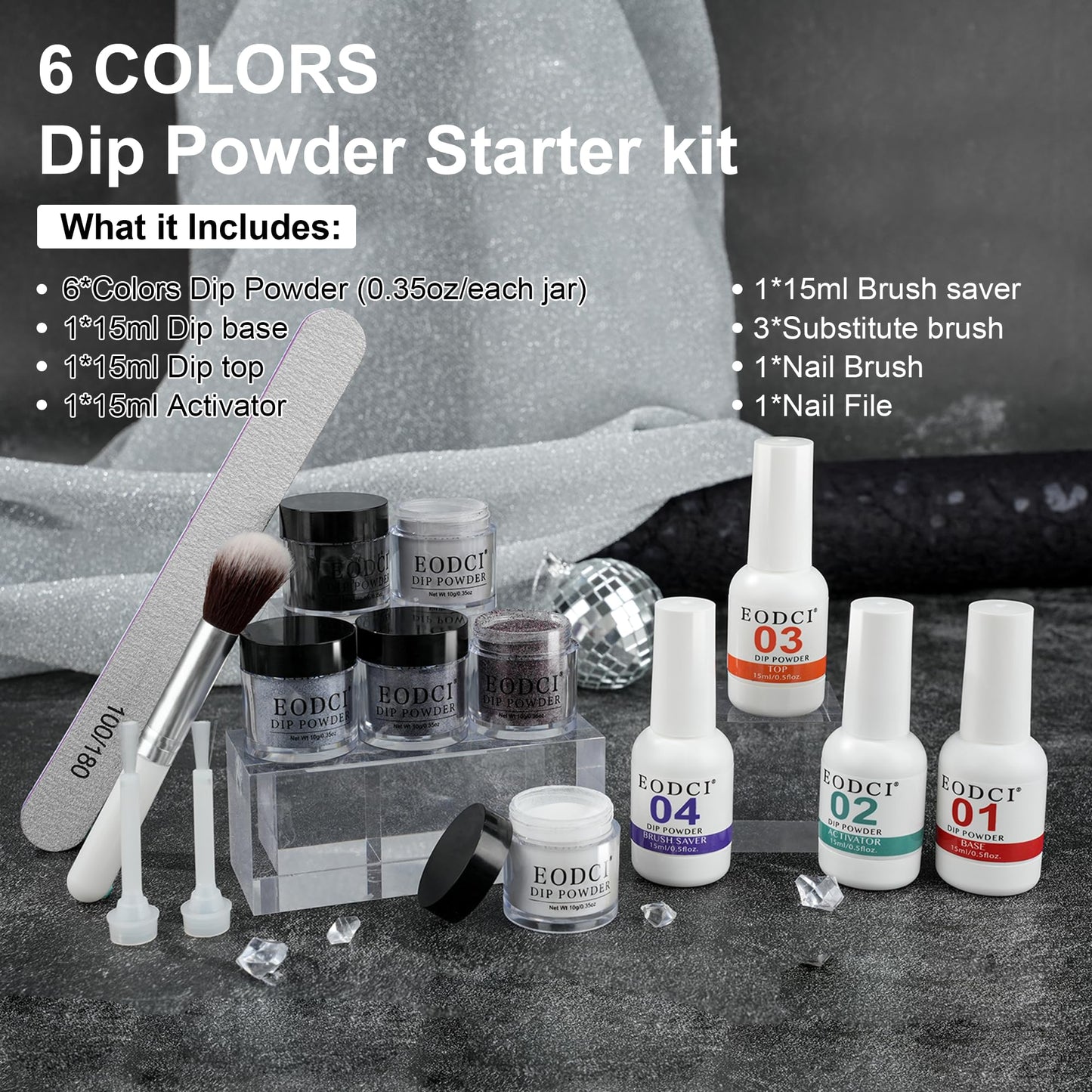 Eodci Dip Powder Nail Kit Starter, 6 Colors Glitter Dark Black White Dipping Powder Kit With Base & Top Coat/Activator/Brush Saver, Nail Art Manicure Salon DIY for Daily at Home Party Gifts for Women