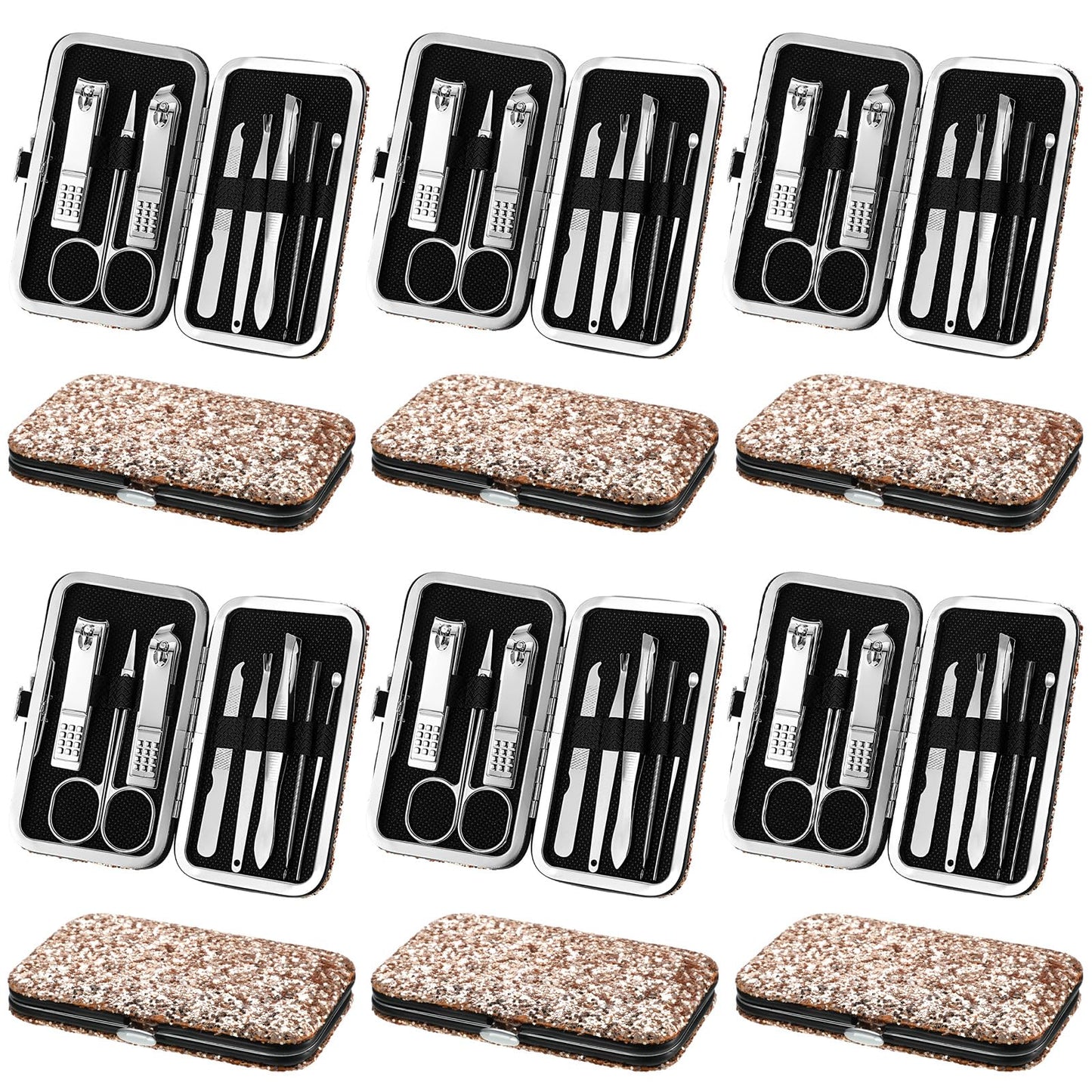 Geosar 12 Set 8 in 1 Manicure Gifts for Fathers Day Bulk Stainless Steel Nail Clippers Kit Pedicure Care Tools with Leather Case Travel Grooming Kit Gift for Women Men Hands Foot(Glitter Rose Gold)