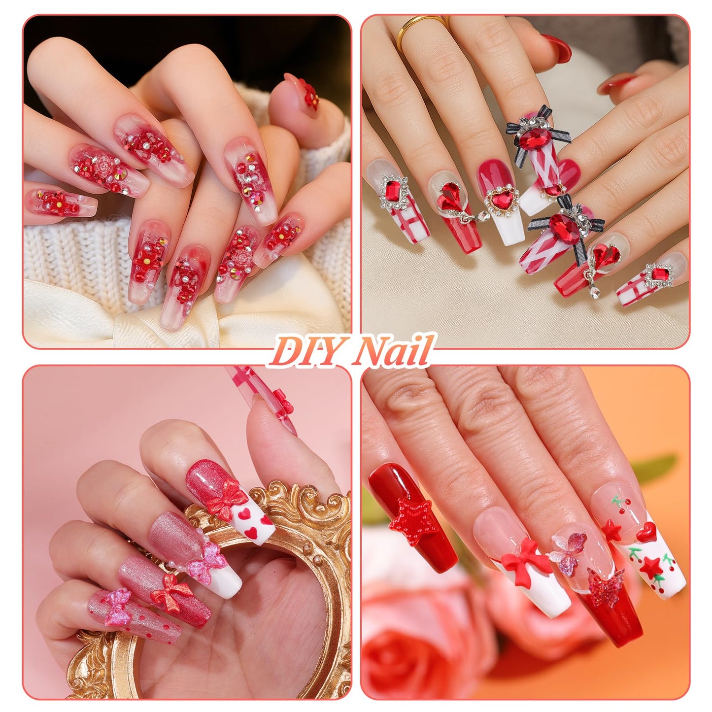 5 Boxes Nail Charms and Gems, 24Pcs Y2k Alloy Nail Art Rhinestone Charms 3D Bow Flower Crown Heart Star with Tweezers and Pick up Tools for Women Nail Design DIY Crafts Face Makeup Gems Jewels(Red)