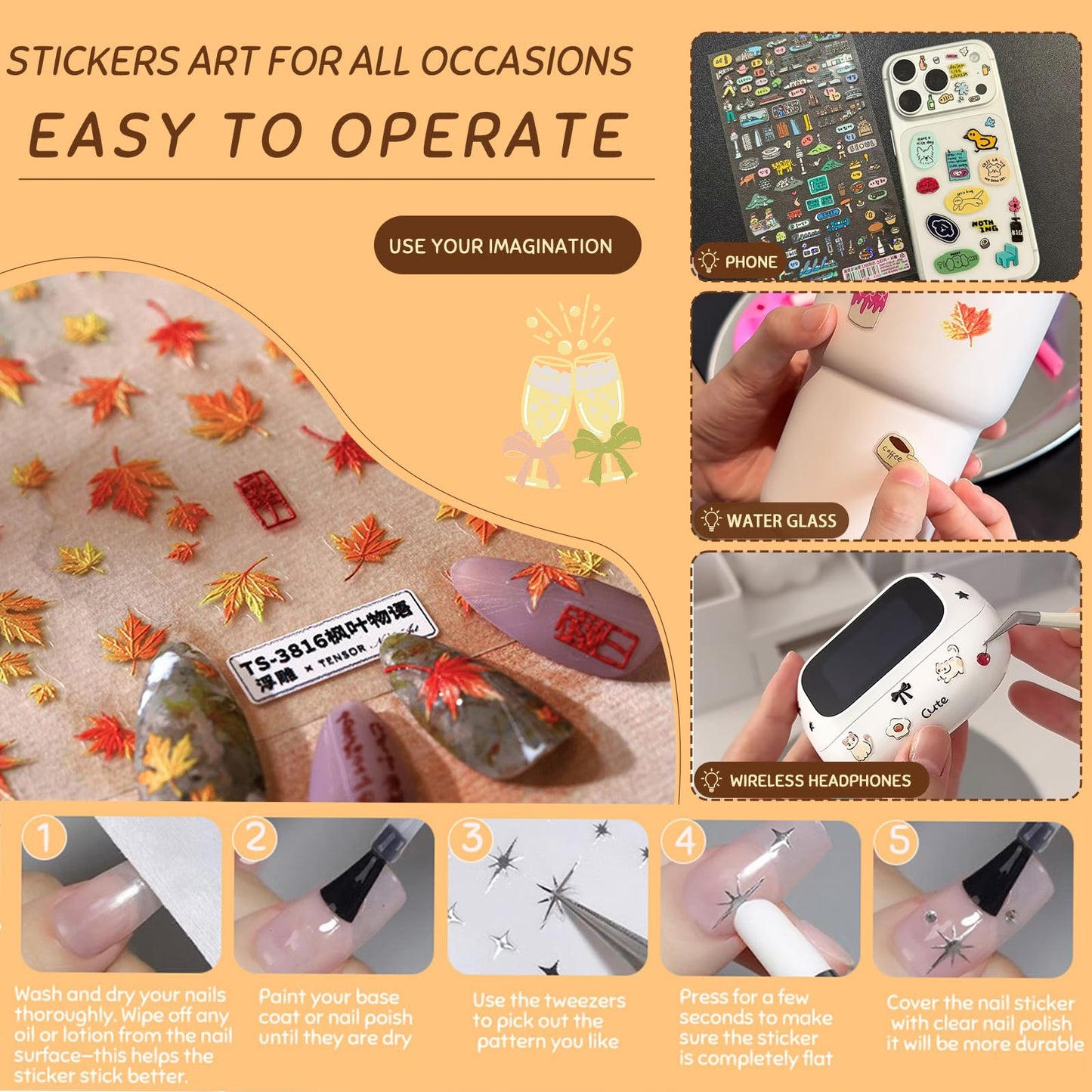 Fall Bronzing Maple Leaf Nail Art Stickers, 5D Self-Adhesive Leaves Design Foils, Autumn Thanksgiving Nail Decorations Supplies for Women Girls DIY Manicure 1 Sheet
