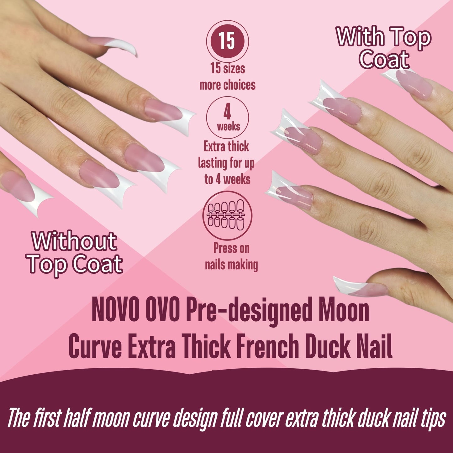 NOVO OVO Halloween White French Tip Duck Feet Nail Tips BERRY PINK Full Cover Press on Acrylic with Moon Curve, Thick Medim Long Pre-Etched Matte Wide Soft Gel False Nail Extension x 15 Sizes 150 pcs