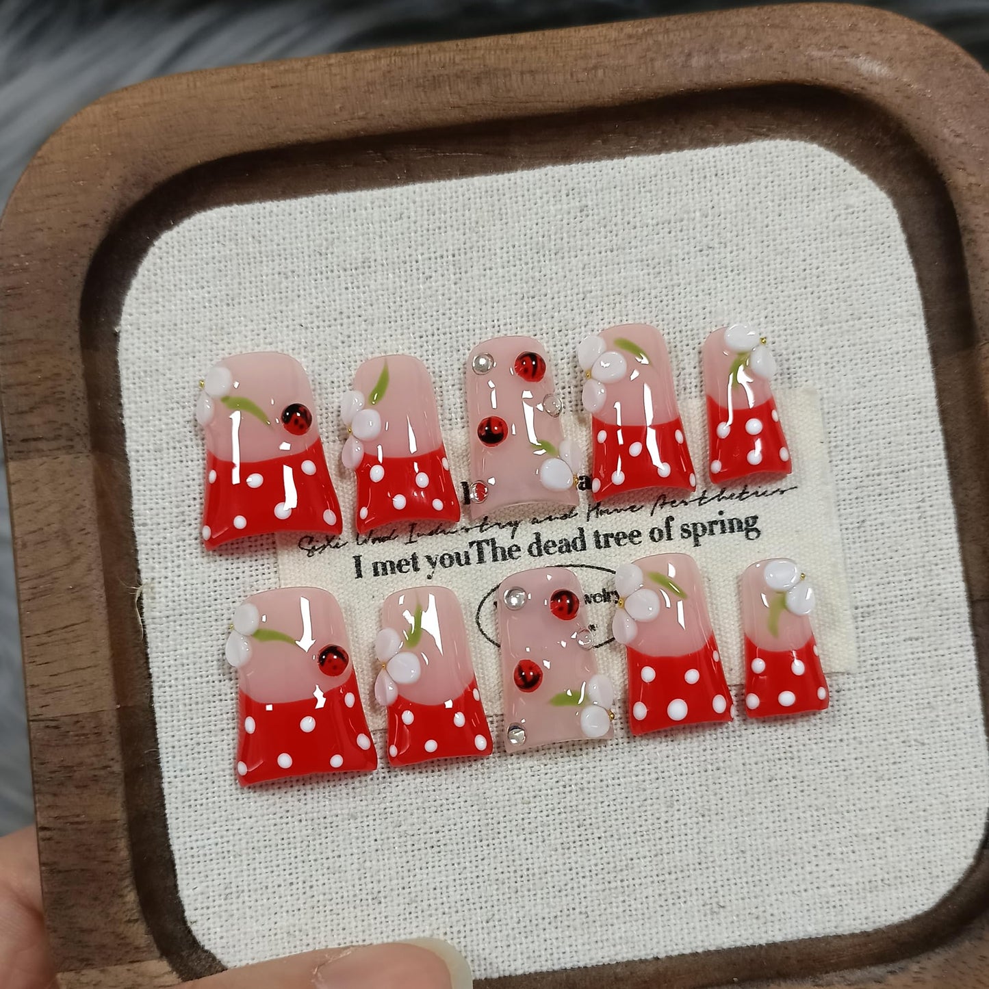 Duckbill Press on Nails - Red French with White Polka Dots & Glass Beads | Glossy Handmade False Nails | Kawaii Cherry Style for Spring(S)