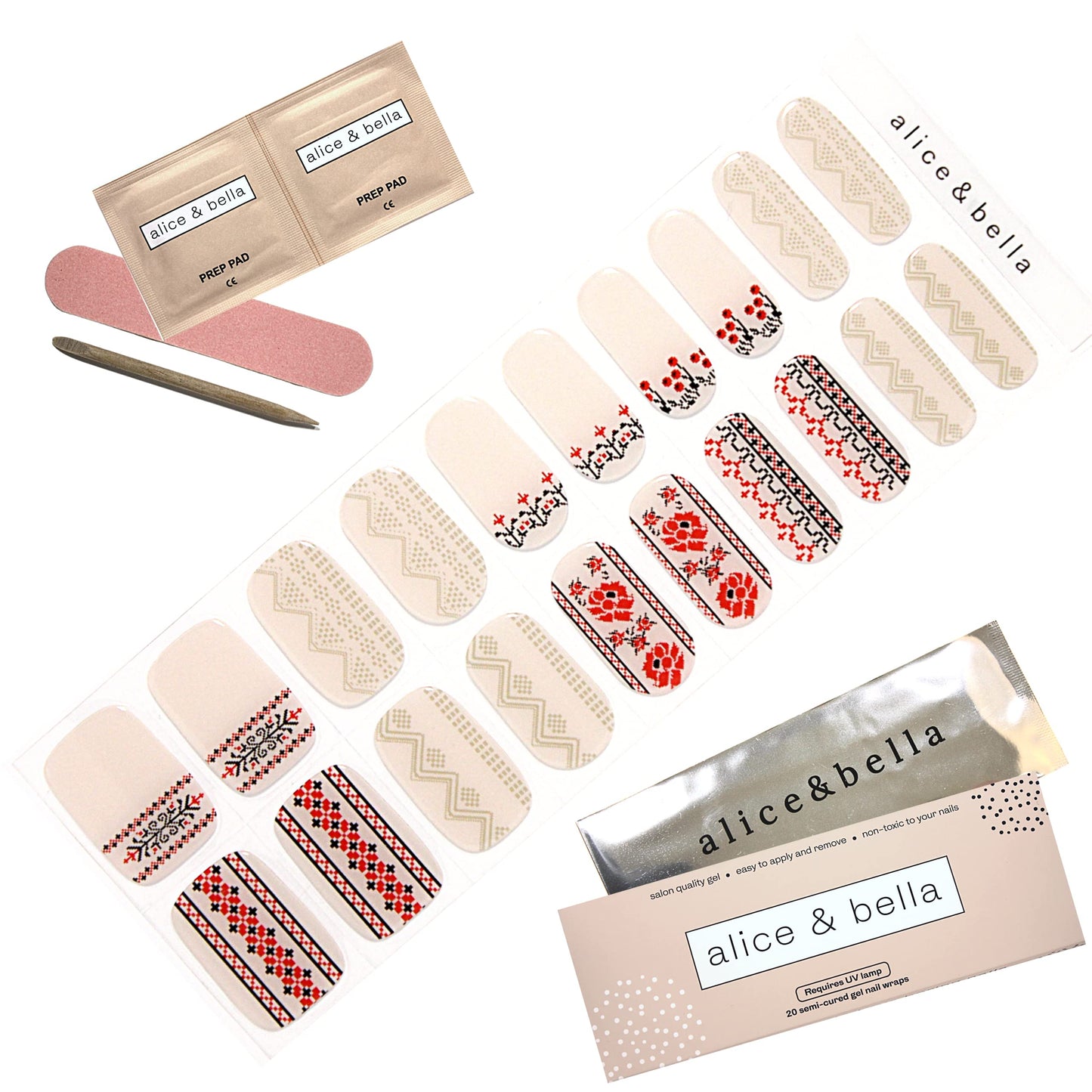 ALICE & BELLA Semi Cured Gel Nail Strips-20 PCS Christmas Tri-Color Cross Stiched Design Nail Strengthening Gel Stickers, Use with UV Light Lamp, Salon Quality Manicure Wraps (Kvitka)