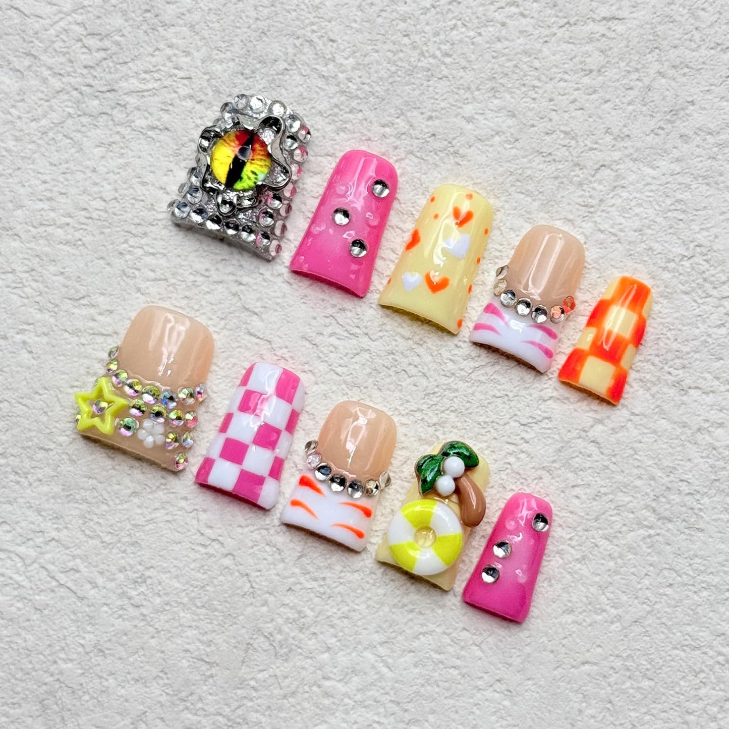 Handmade Short Duck Press on Nails Luxury Rhinestone Design Fake Nails Pink Grid False Nails with Glue,Muti-Layer Gel Thick Press ons Nail Eyes Charms Reusable Acrylic Nails for Women(Size S)