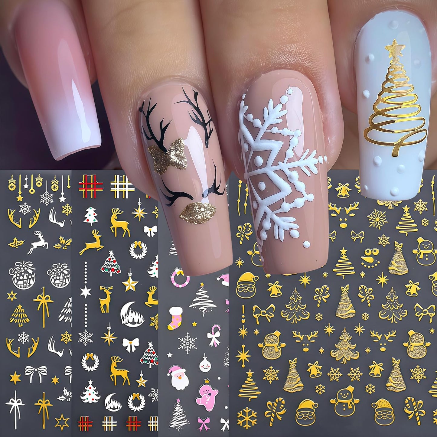 8 Sheets Glitter Christmas Nail Art Stickers Gold Snowflake Nail Decals Santa Claus Gingerbread Man Star Nail Design Snowmen Plaid Bow Christmas Lights Nail Supplies for Women DIY Nails Accessories