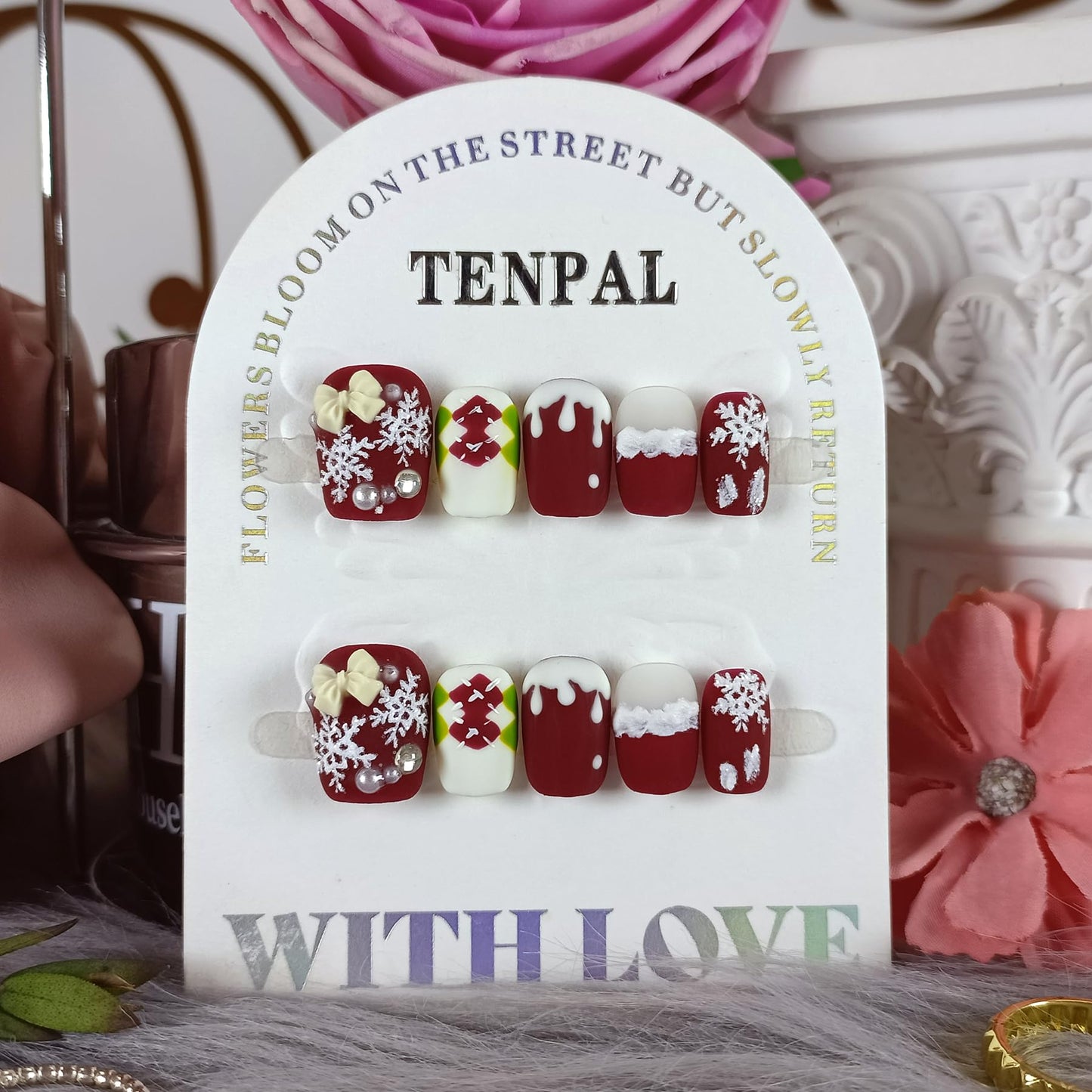 TENPAL Squoval Press on Nails -Acrylic Red Velvet Matte with Pearl Plaid & Snowfall Design | Handmade Winter Elegant Fake Nails with Tools | Christmas Party Gift Set(S)