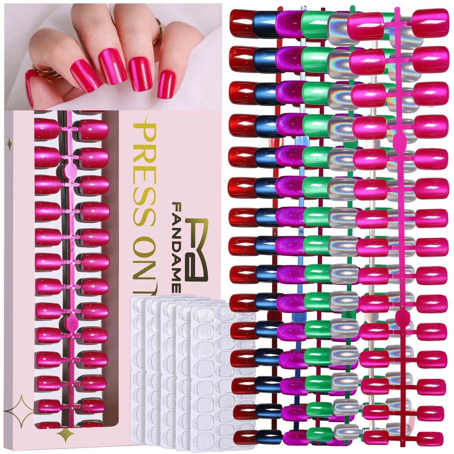 FANDAMEI Press on Nails, 6 Colors Press on Nails Short, Glossy Cat Eye Nails Short Square, Natural Fake Nails for Women, with Adhesive Tabs