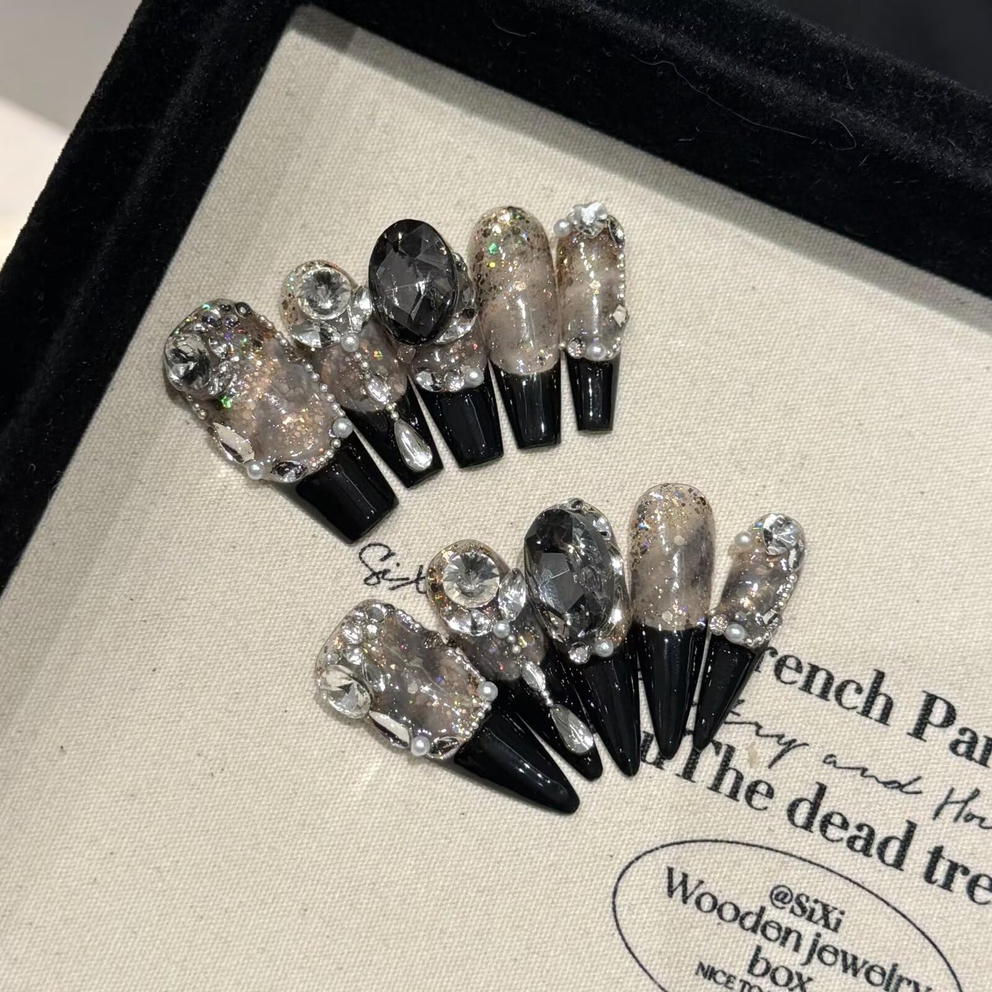 Handmade Press On Nails Long Square Reusable Stick On Fake Nails Luxury Elegant Sexy Style For Women Gift With Nail Glue Black L