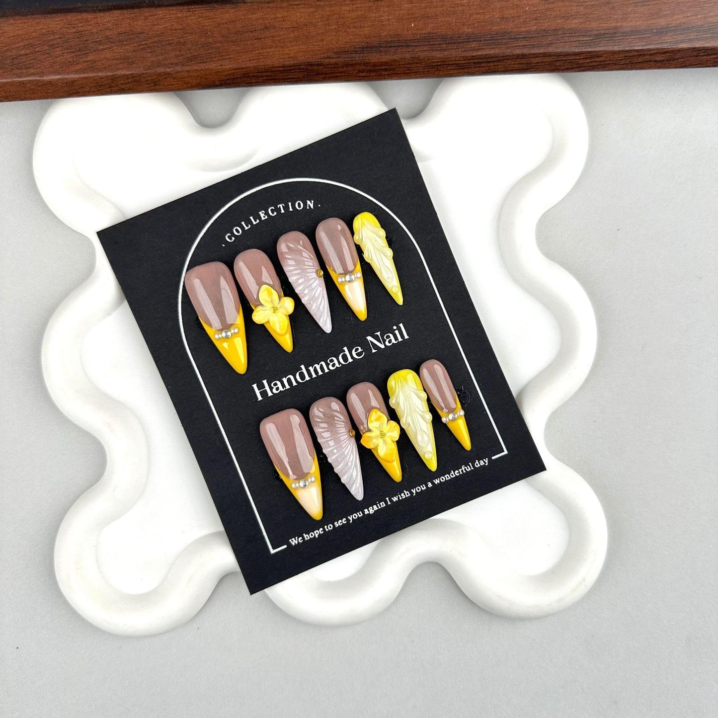 100% 5D Handmade Press on Nails with Charms Long Stiletto Nails Press ons- Water Ripple False Nails Ombre Orange Yellow Press on Nails Flower Fake Nails for Women Girls Daily Wear DIY Manicure Size L