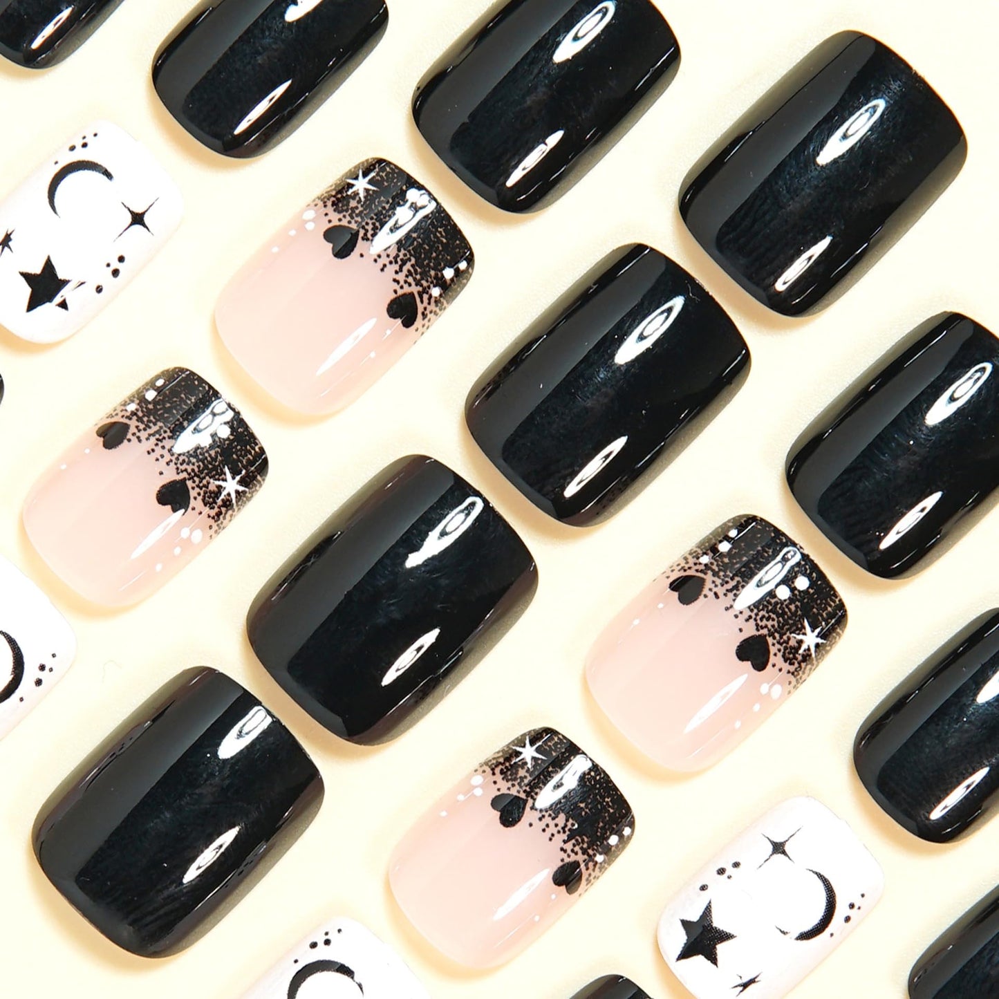 CTTHNBD Black Press on Nails Short - Square Fake Nails with Moon Star Design - Glossy Full Cover Stick on False Nails - for Women 24 Pcs