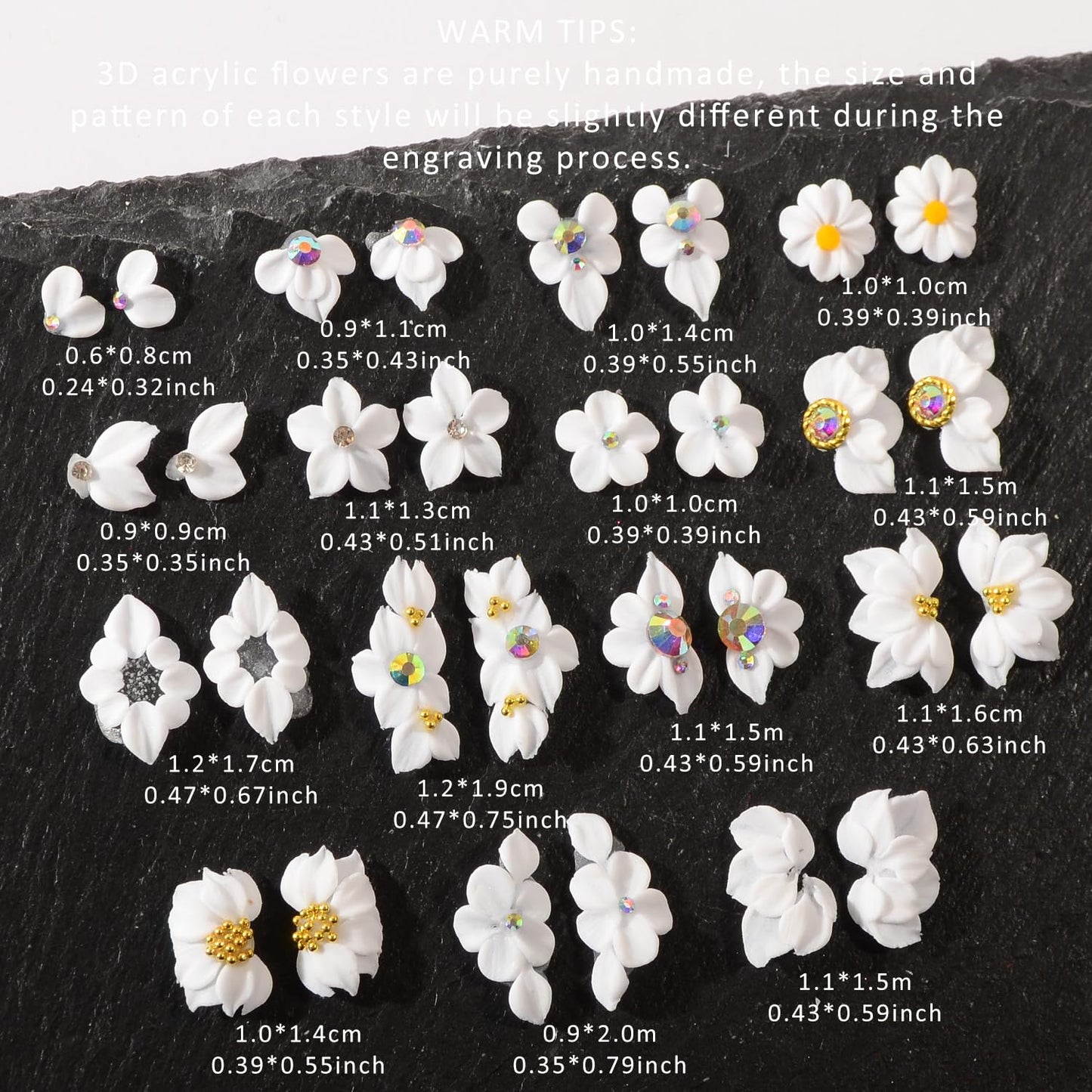 BAIYIYI 30pcs 3D Pure Handmade Acrylic Flowers Nail Charms with Rhinestones Wedding Festival Nail Art Spring Summer Nail Decoration White Flowers Charms DIY Suitable for Women Girls Gifts (01)